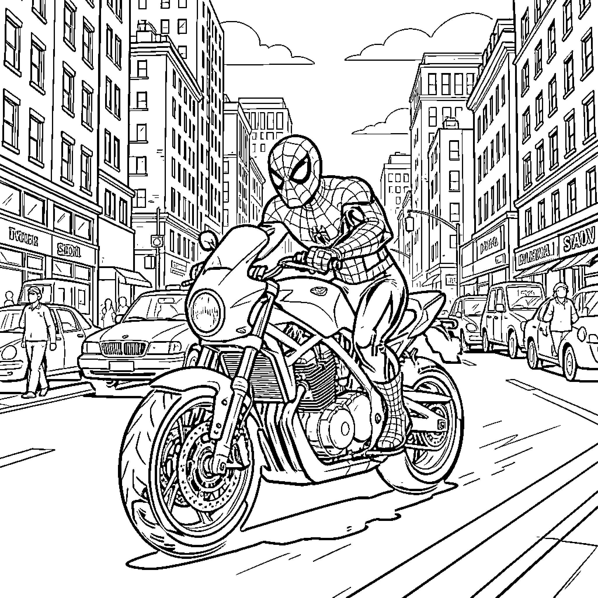 Spiderman riding a motorcycle through a city street Coloring Page (free black-and-white line drawing printable PDF for all, from beginners to advanced learners, including children, teens, adults, and seniors)
