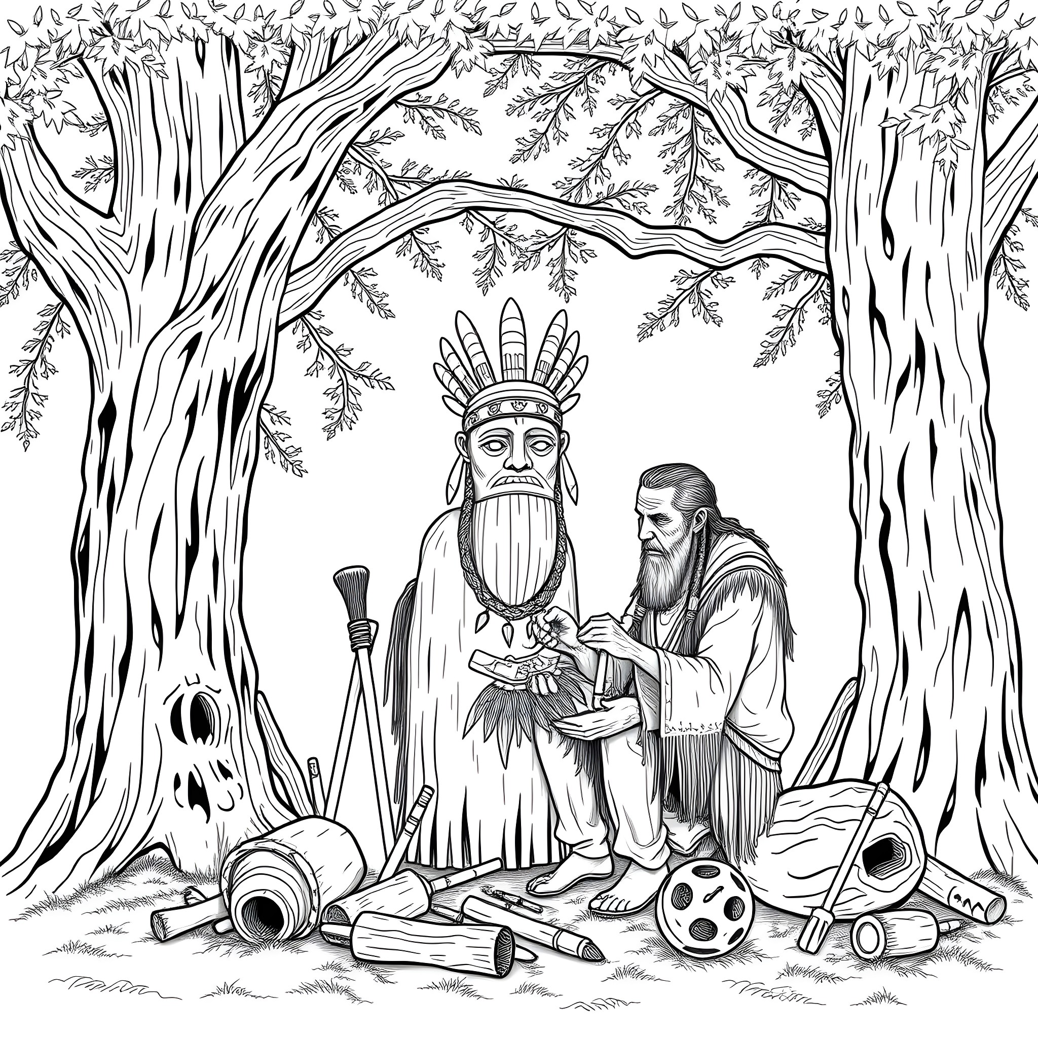 Uktena: Two Shamans Communing in the Forest Coloring Page (free black-and-white line drawing printable PDF for all, from beginners to advanced learners, including children, teens, adults, and seniors)