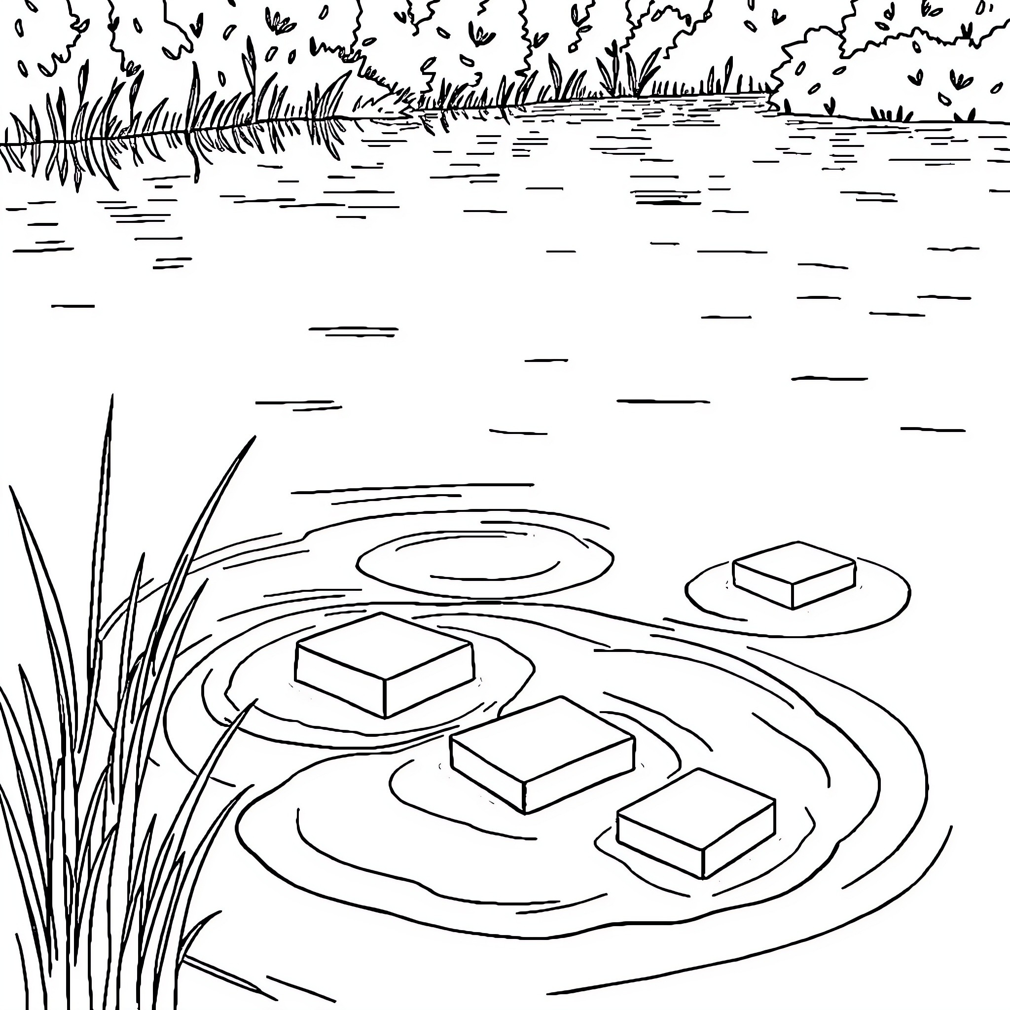 Lake with Floating Stones and Rippling Water Coloring Page (free black-and-white line drawing printable PDF for all, from beginners to advanced learners, including children, teens, adults, and seniors)