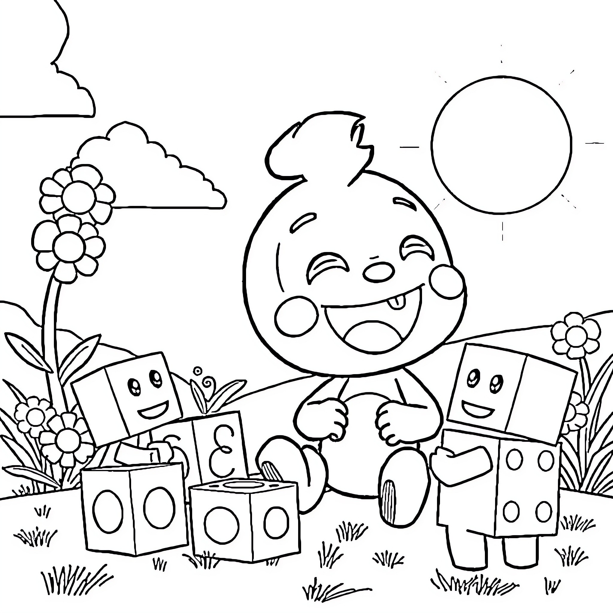 Sprunki Playing Happily in Colorful Meadow Coloring Page (free black-and-white line drawing printable PDF for all, from beginners to advanced learners, including children, teens, adults, and seniors)