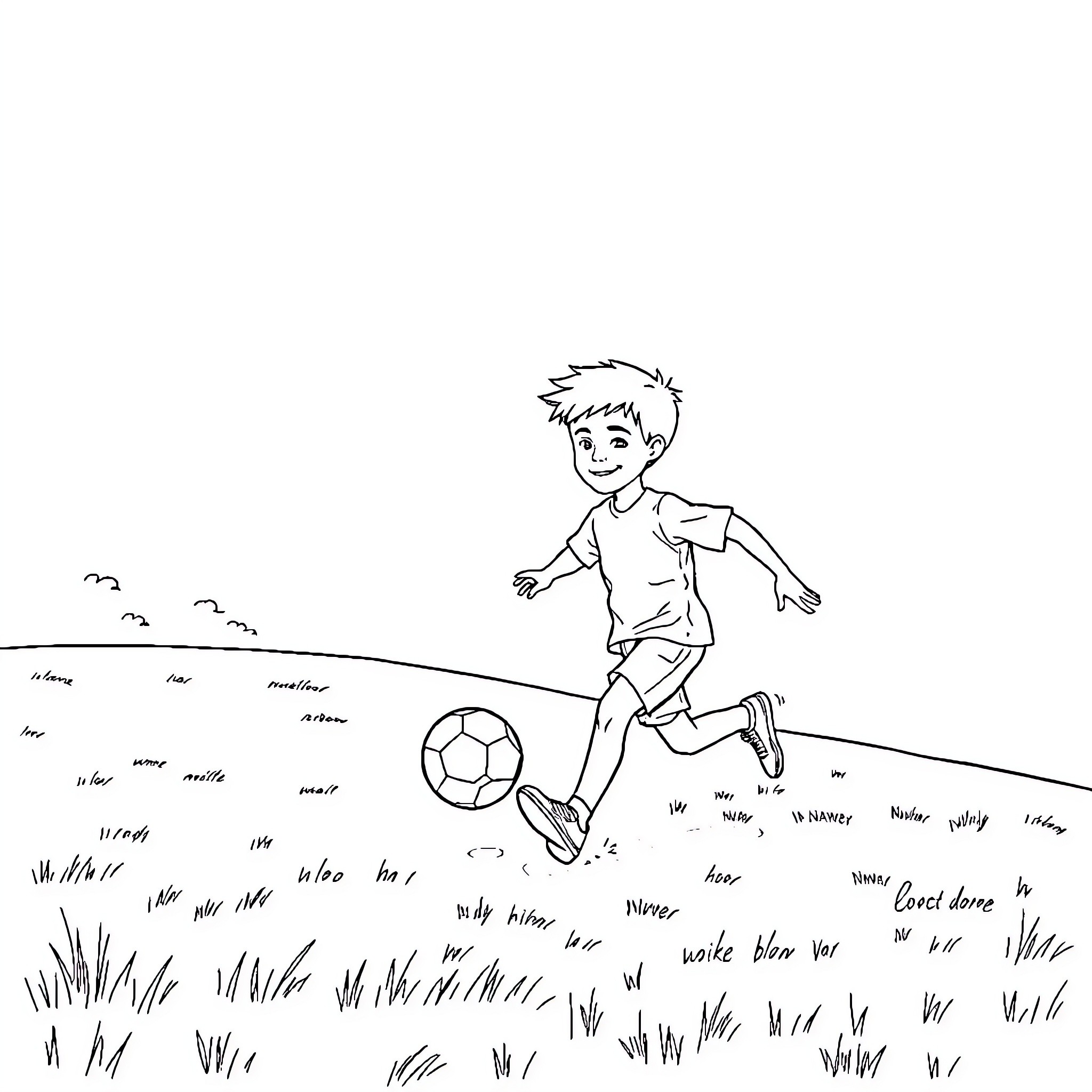 Boy playing joyfully with soccer ball in the field Coloring Page (free black-and-white line drawing printable PDF for all, from beginners to advanced learners, including children, teens, adults, and seniors)