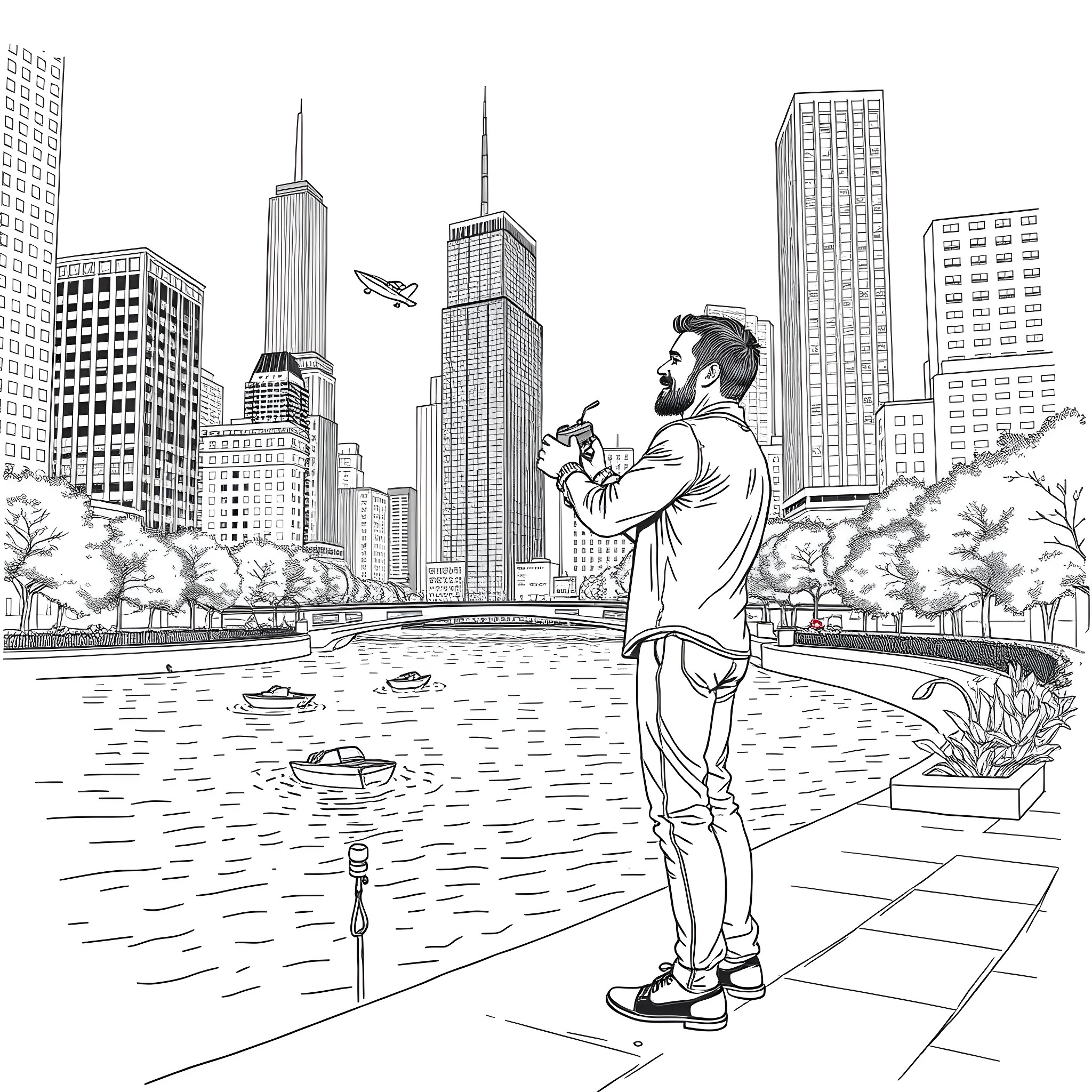 Dave Matthews enjoying the city skyline and nature Coloring Page (free black-and-white line drawing printable PDF for all, from beginners to advanced learners, including children, teens, adults, and seniors)