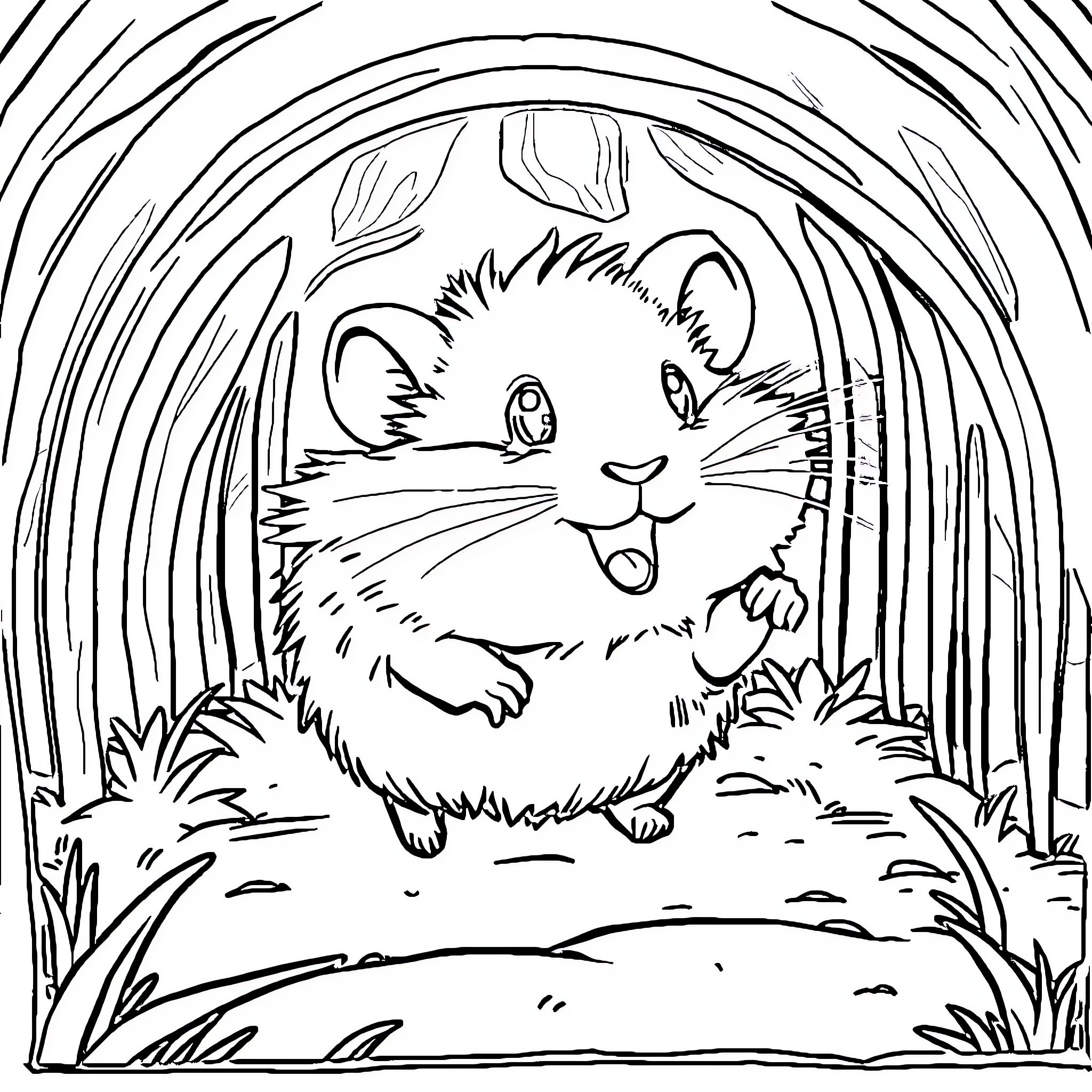 Hamster exploring the forest environment Coloring Page (free black-and-white line drawing printable PDF for all, from beginners to advanced learners, including children, teens, adults, and seniors)
