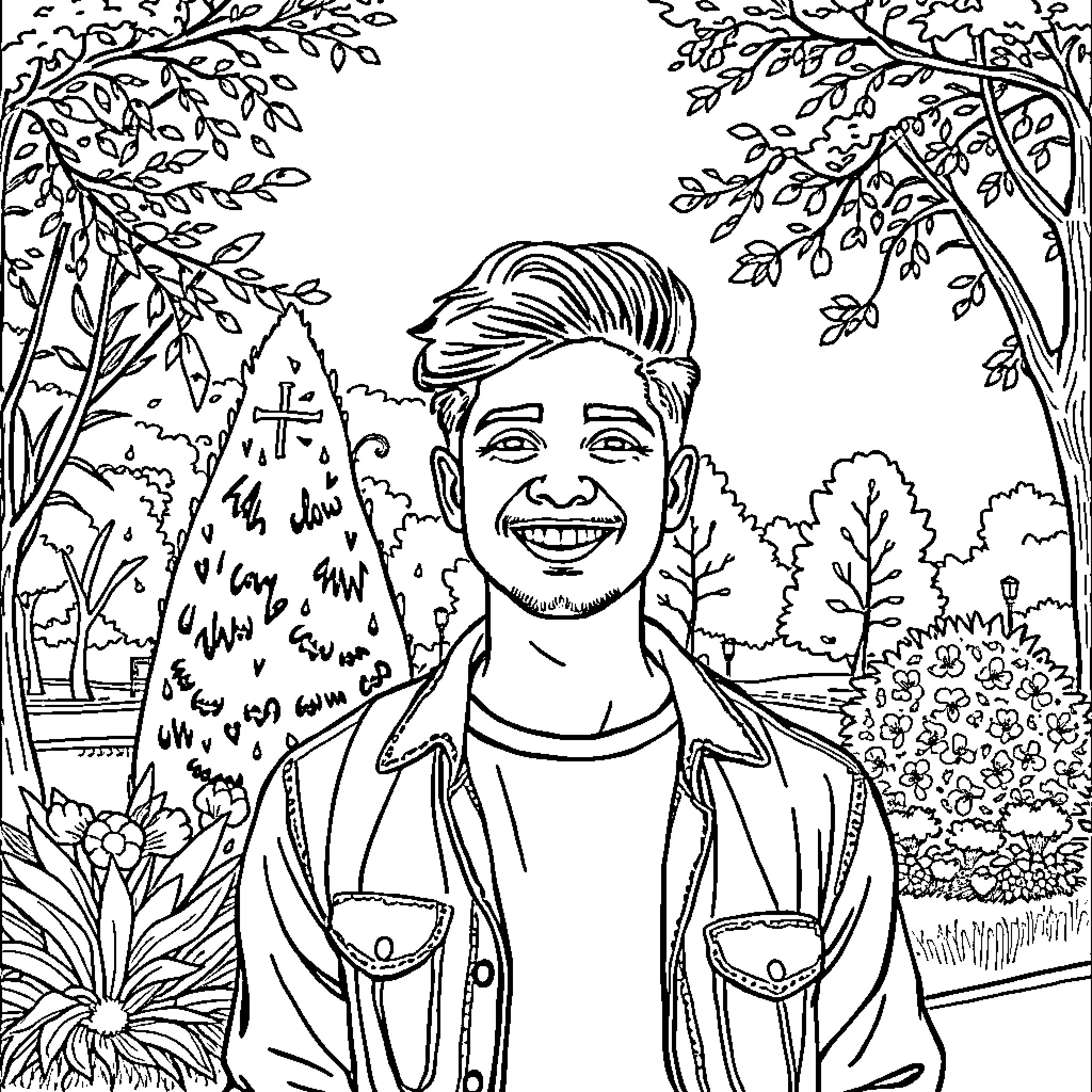 Nikhil exploring a lush garden with a warm smile Coloring Page (free black-and-white line drawing printable PDF for all, from beginners to advanced learners, including children, teens, adults, and seniors)