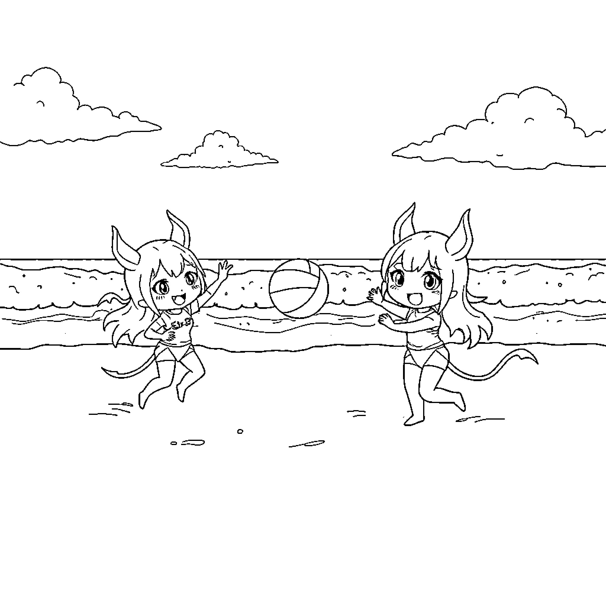 Demon children playing on the beach Coloring Page (free black-and-white line drawing printable PDF for all, from beginners to advanced learners, including children, teens, adults, and seniors)