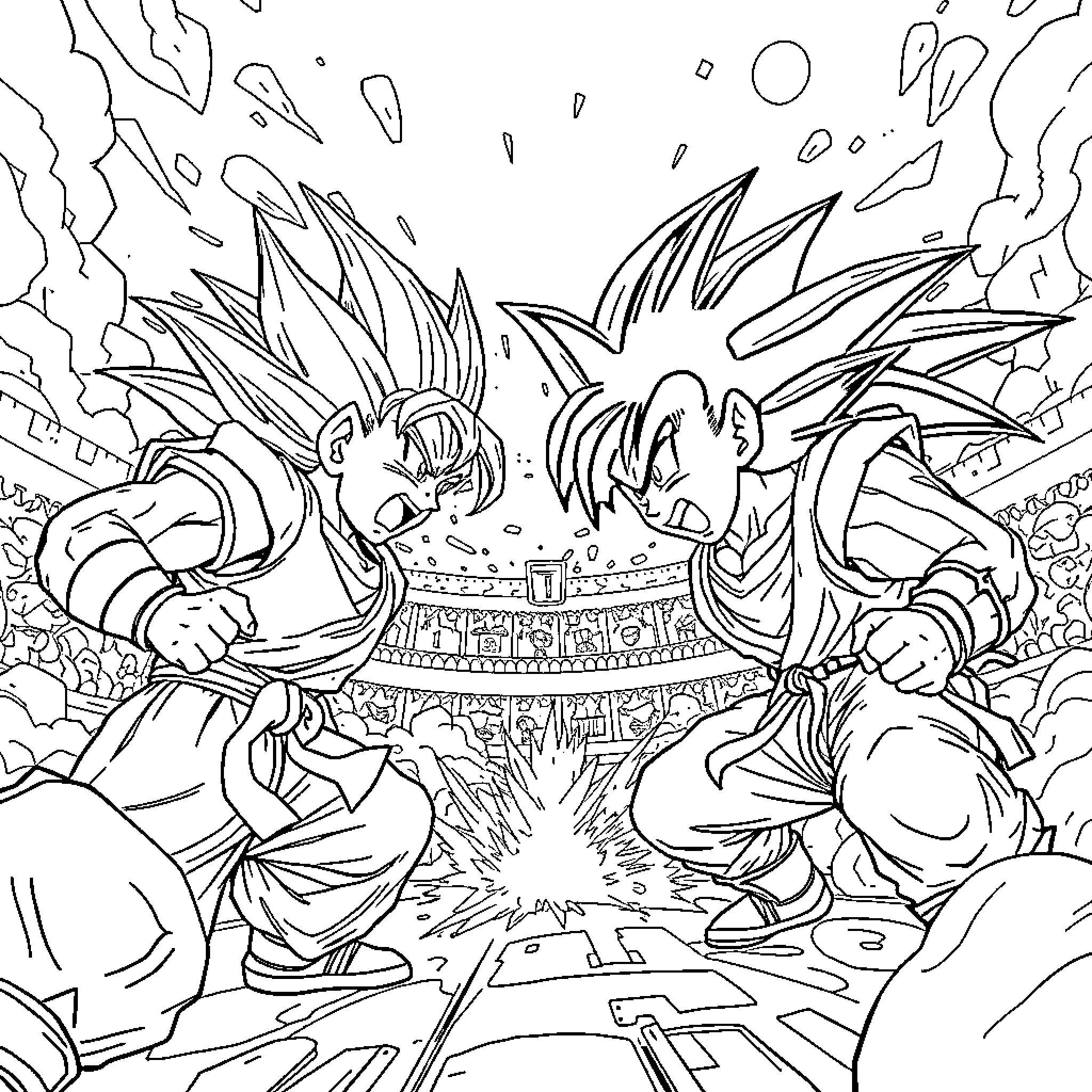 Dragon Ball Z - Epic battle between powerful warriors Coloring Page (free black-and-white line drawing printable PDF for all, from beginners to advanced learners, including children, teens, adults, and seniors)