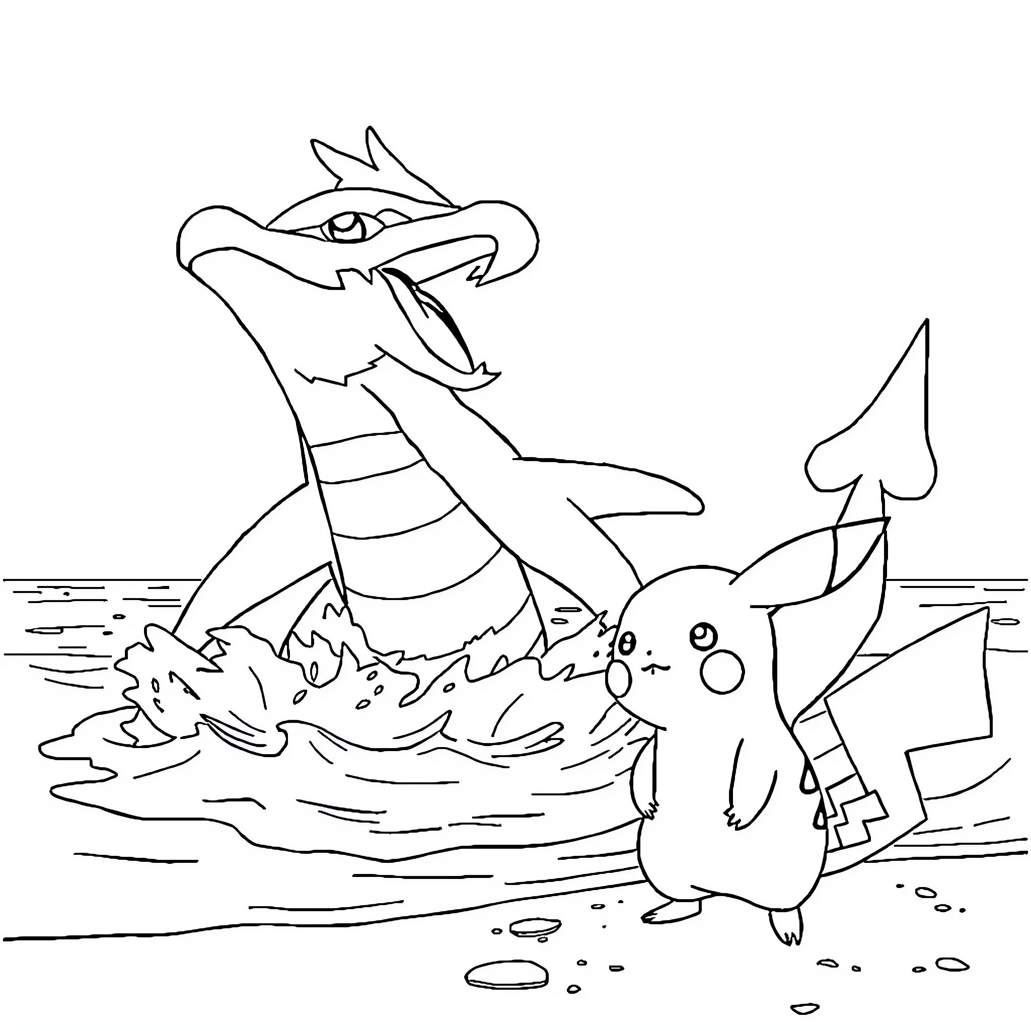 Garados battling alongside Pikachu in water scene Coloring Page (free black-and-white line drawing printable PDF for all, from beginners to advanced learners, including children, teens, adults, and seniors)