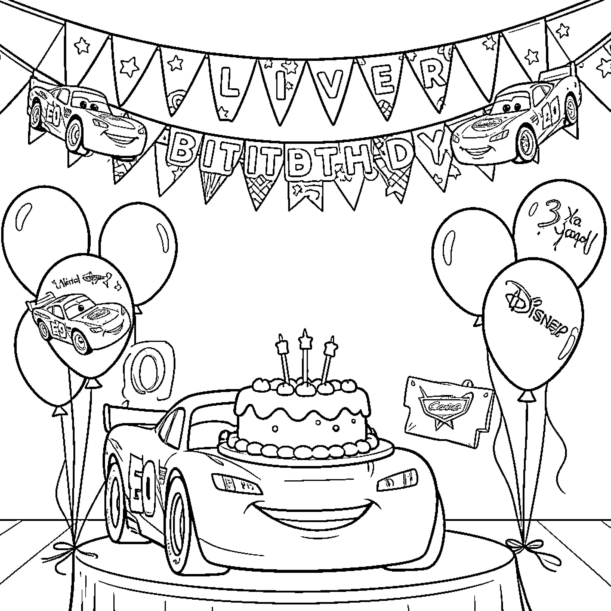 Car party with balloons and birthday decorations Coloring Page (free black-and-white line drawing printable PDF for all, from beginners to advanced learners, including children, teens, adults, and seniors)