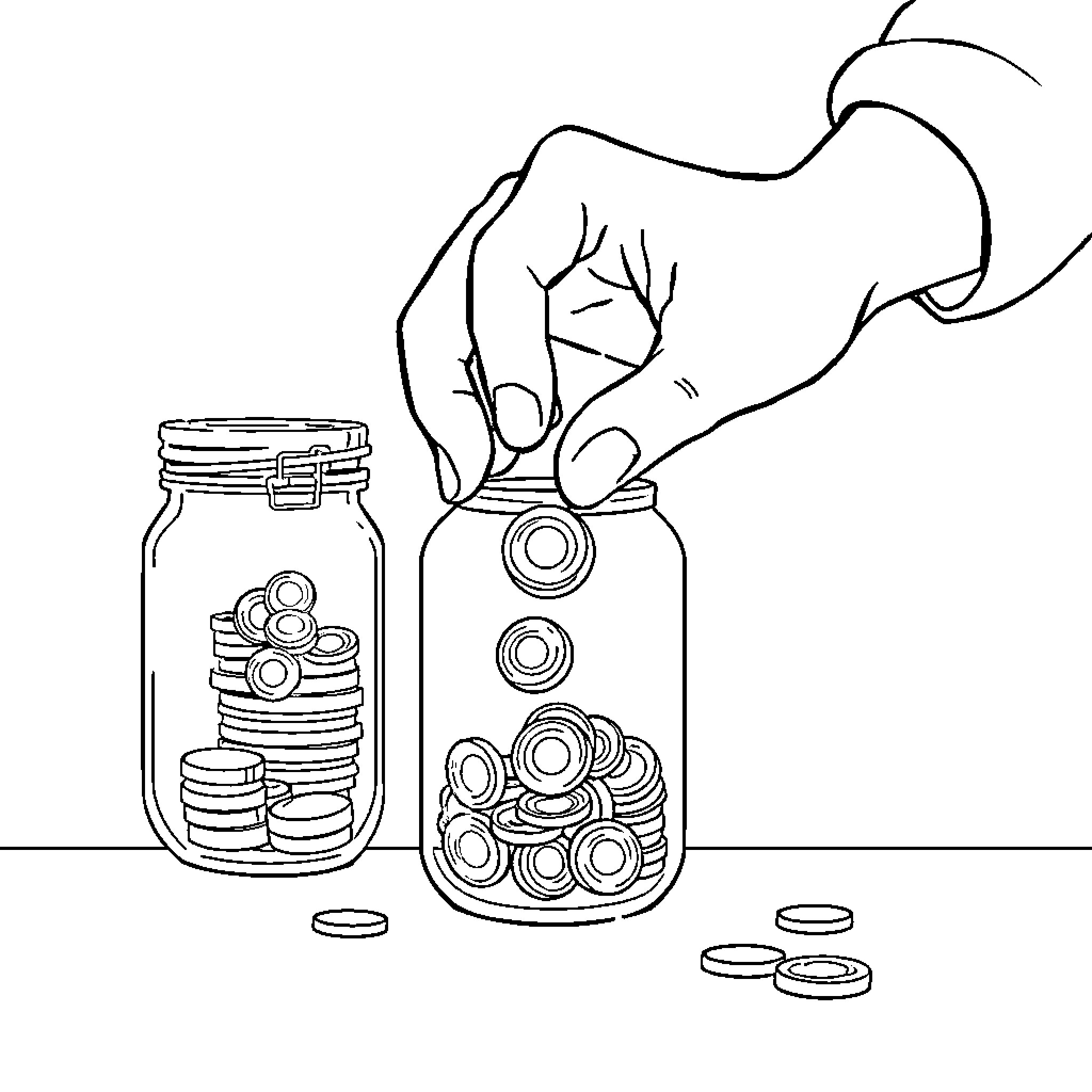 Person filling jar with coins Coloring Page (free black-and-white line drawing printable PDF for all, from beginners to advanced learners, including children, teens, adults, and seniors)