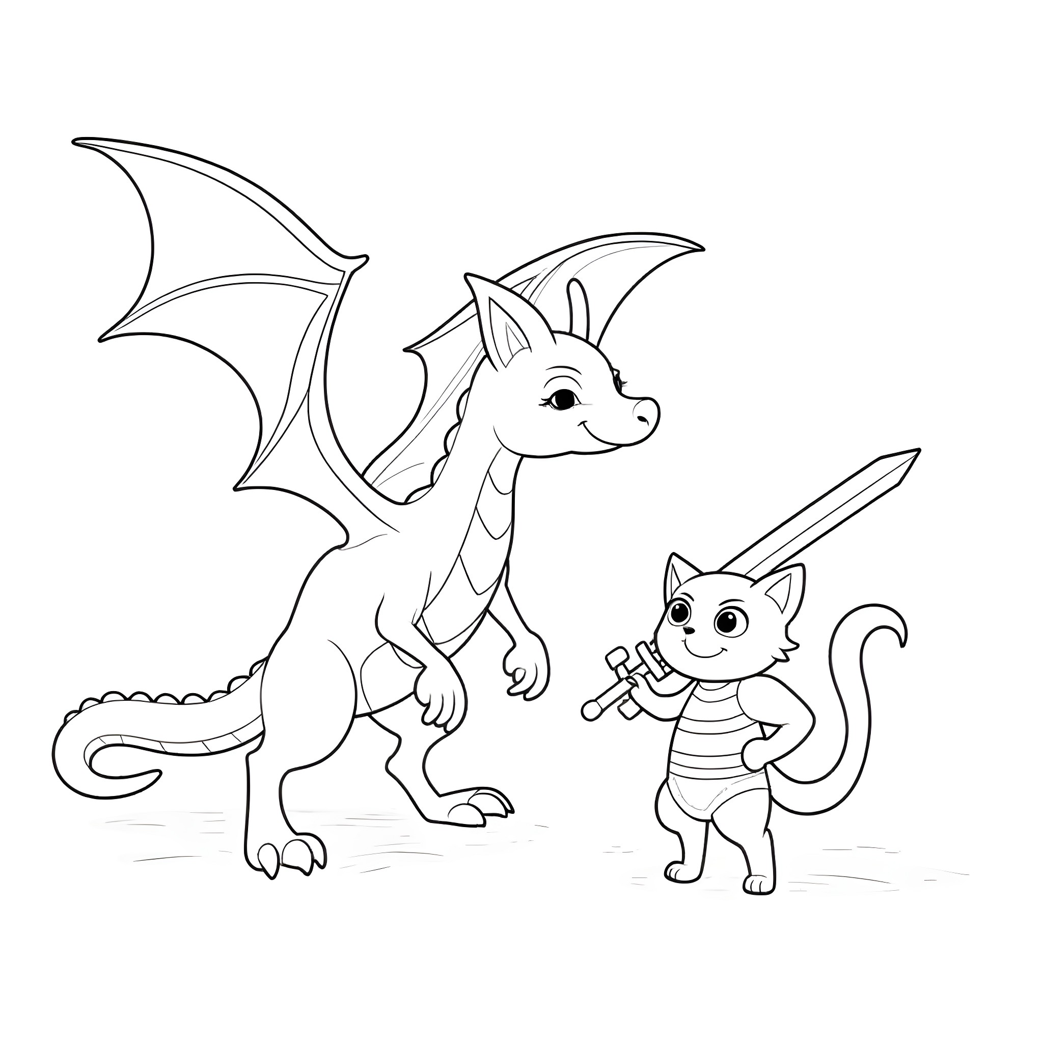 Dragon and cat playing together in the fantasy world Coloring Page (free black-and-white line drawing printable PDF for all, from beginners to advanced learners, including children, teens, adults, and seniors)