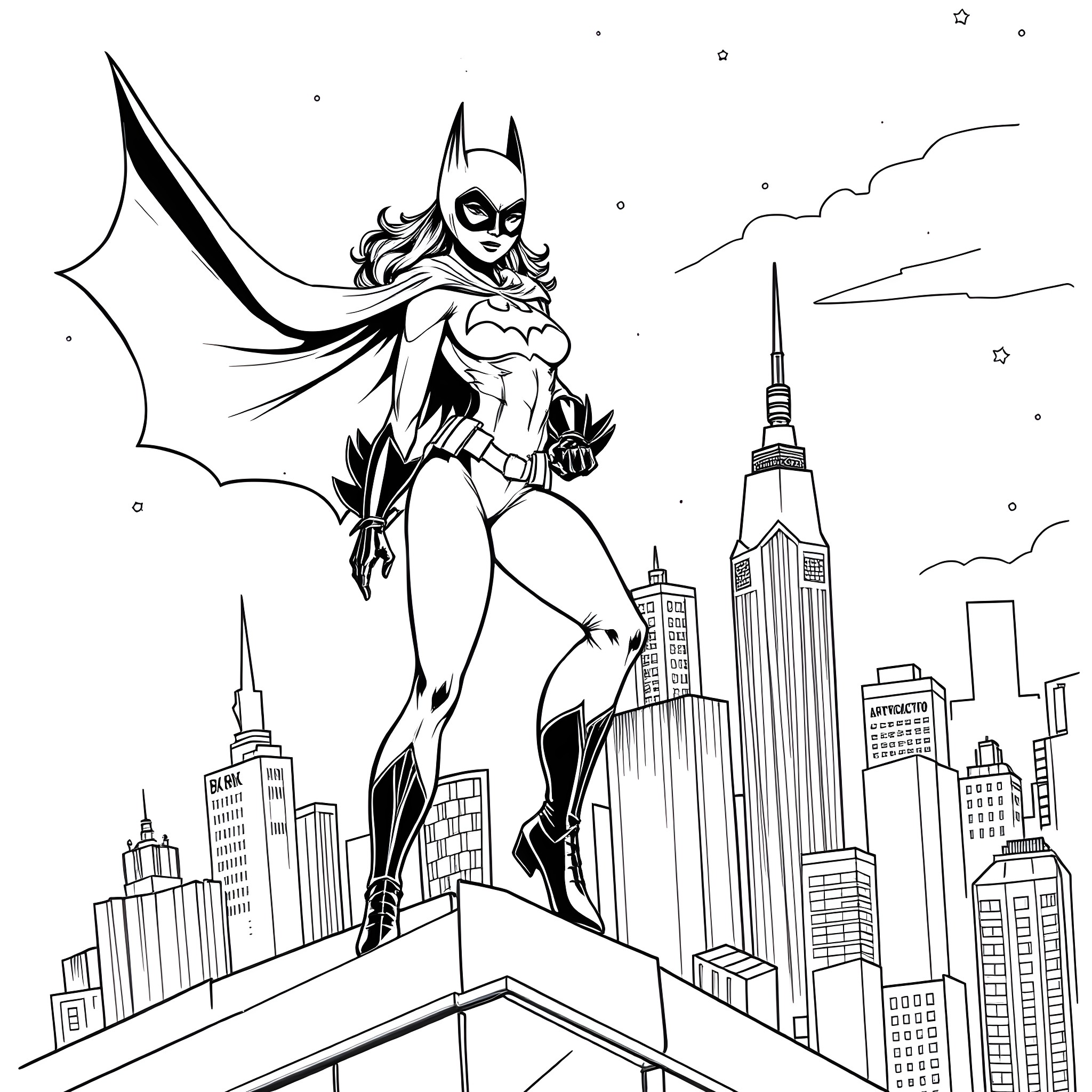 Batgirl soaring over the city at night Coloring Page (free black-and-white line drawing printable PDF for all, from beginners to advanced learners, including children, teens, adults, and seniors)