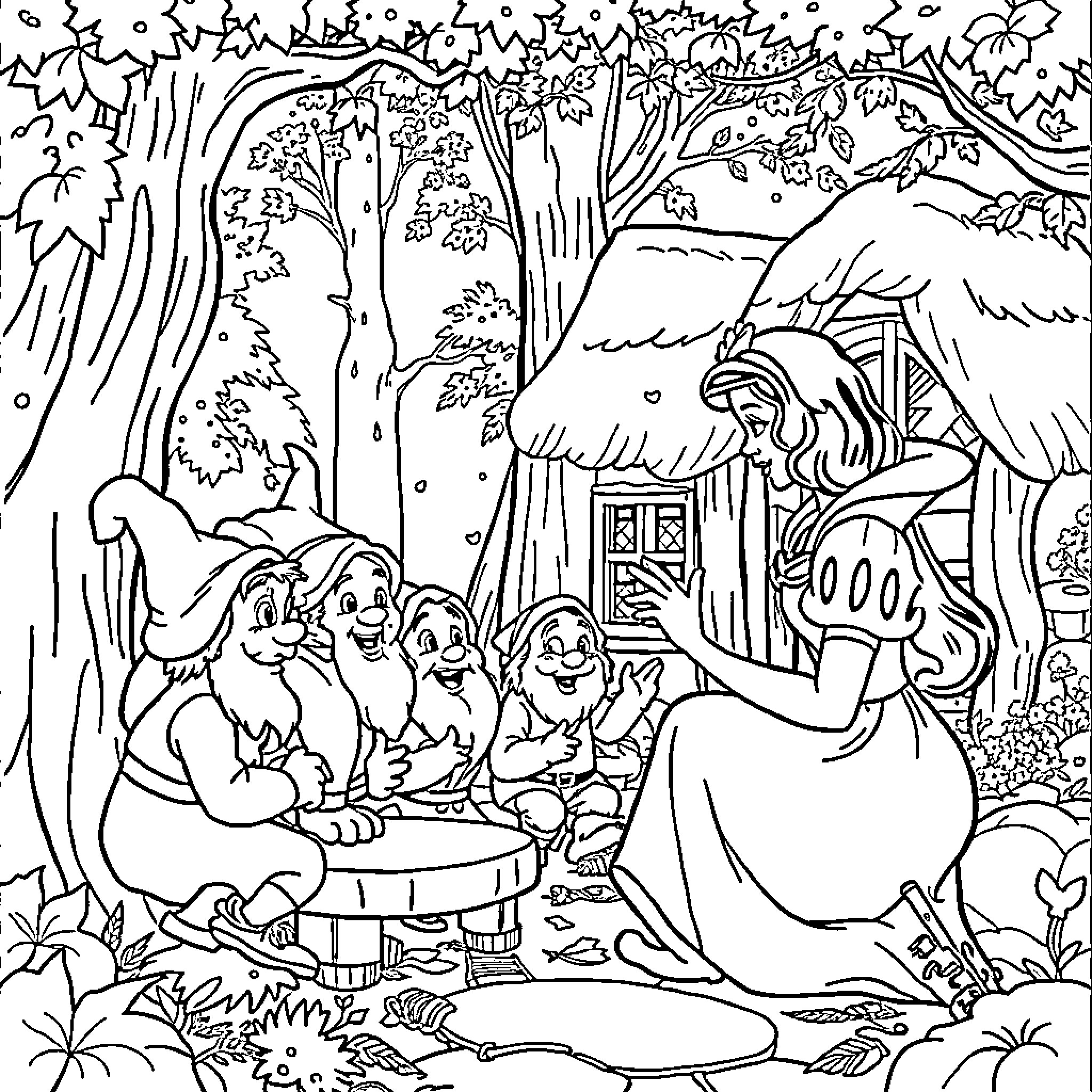 Snow White Meets the Seven Dwarfs in the Enchanted Forest Coloring Page (free black-and-white line drawing printable PDF for all, from beginners to advanced learners, including children, teens, adults, and seniors)