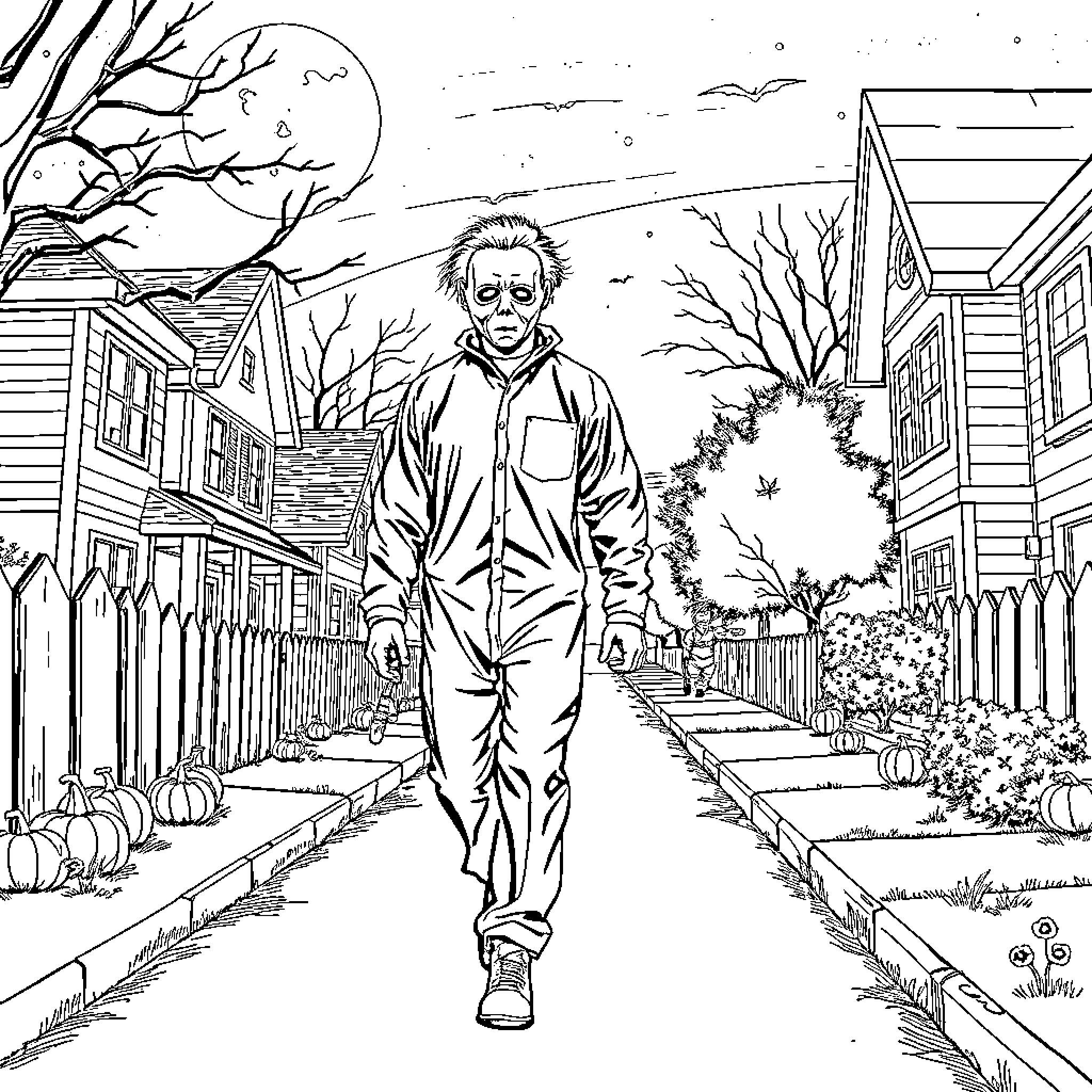 Michael Myers stalking the neighborhood on Halloween night Coloring Page (free black-and-white line drawing printable PDF for all, from beginners to advanced learners, including children, teens, adults, and seniors)
