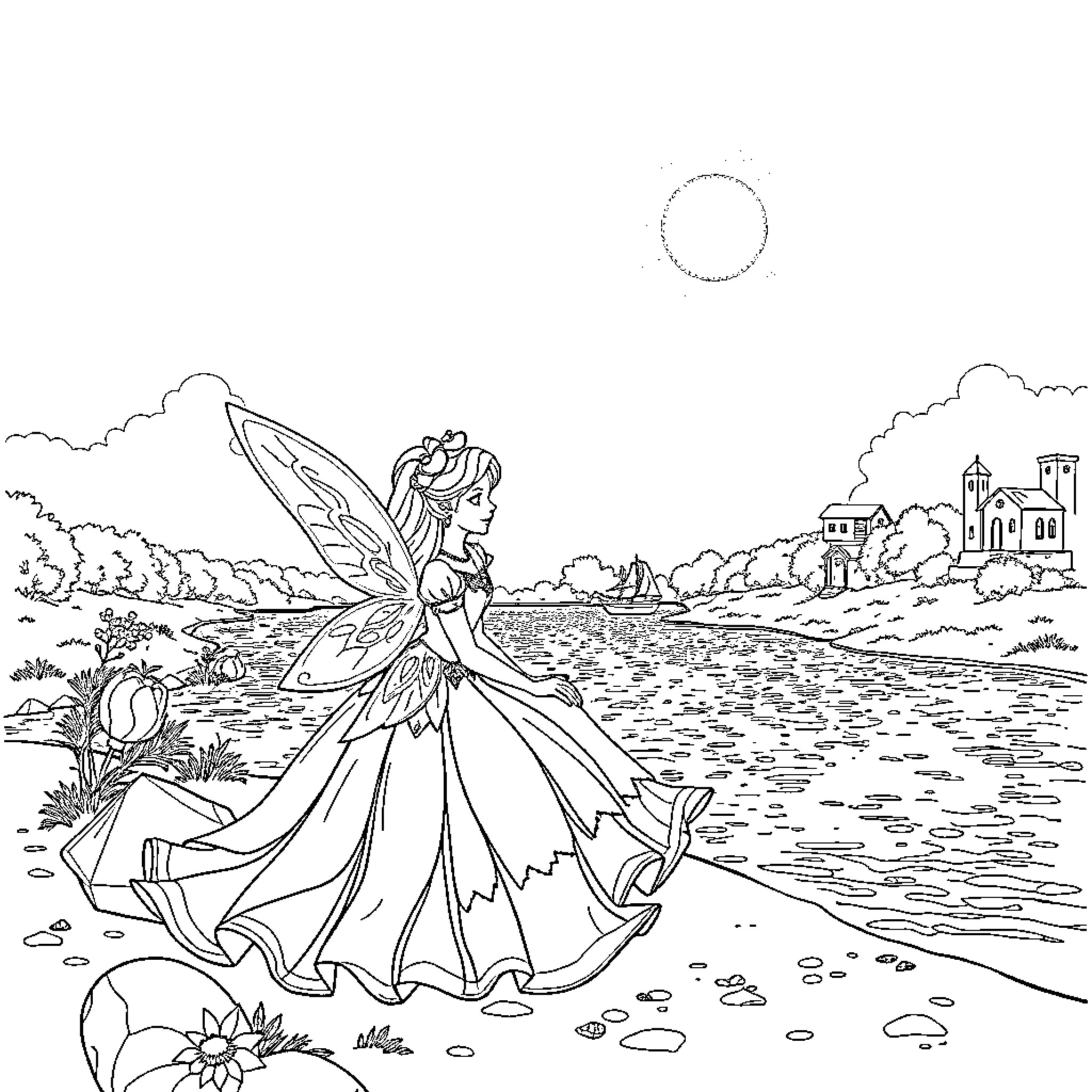 Ashputle's Enchanting Fairy Tale Adventure Coloring Page (free black-and-white line drawing printable PDF for all, from beginners to advanced learners, including children, teens, adults, and seniors)