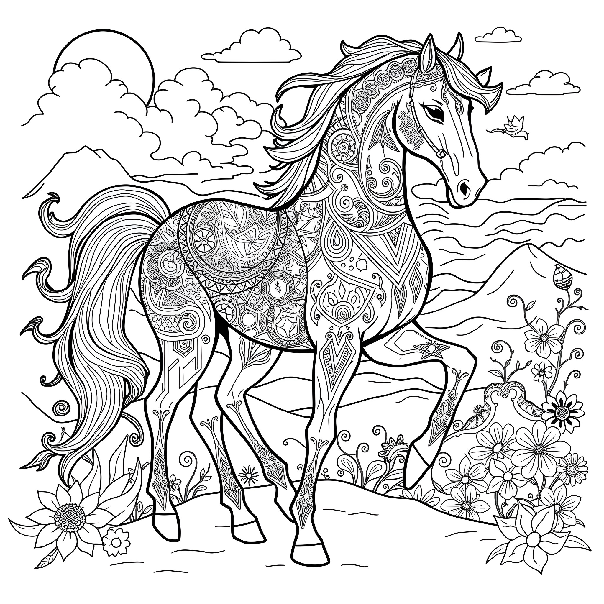 Horse galloping through a floral meadow Coloring Page (free black-and-white line drawing printable PDF for all, from beginners to advanced learners, including children, teens, adults, and seniors)