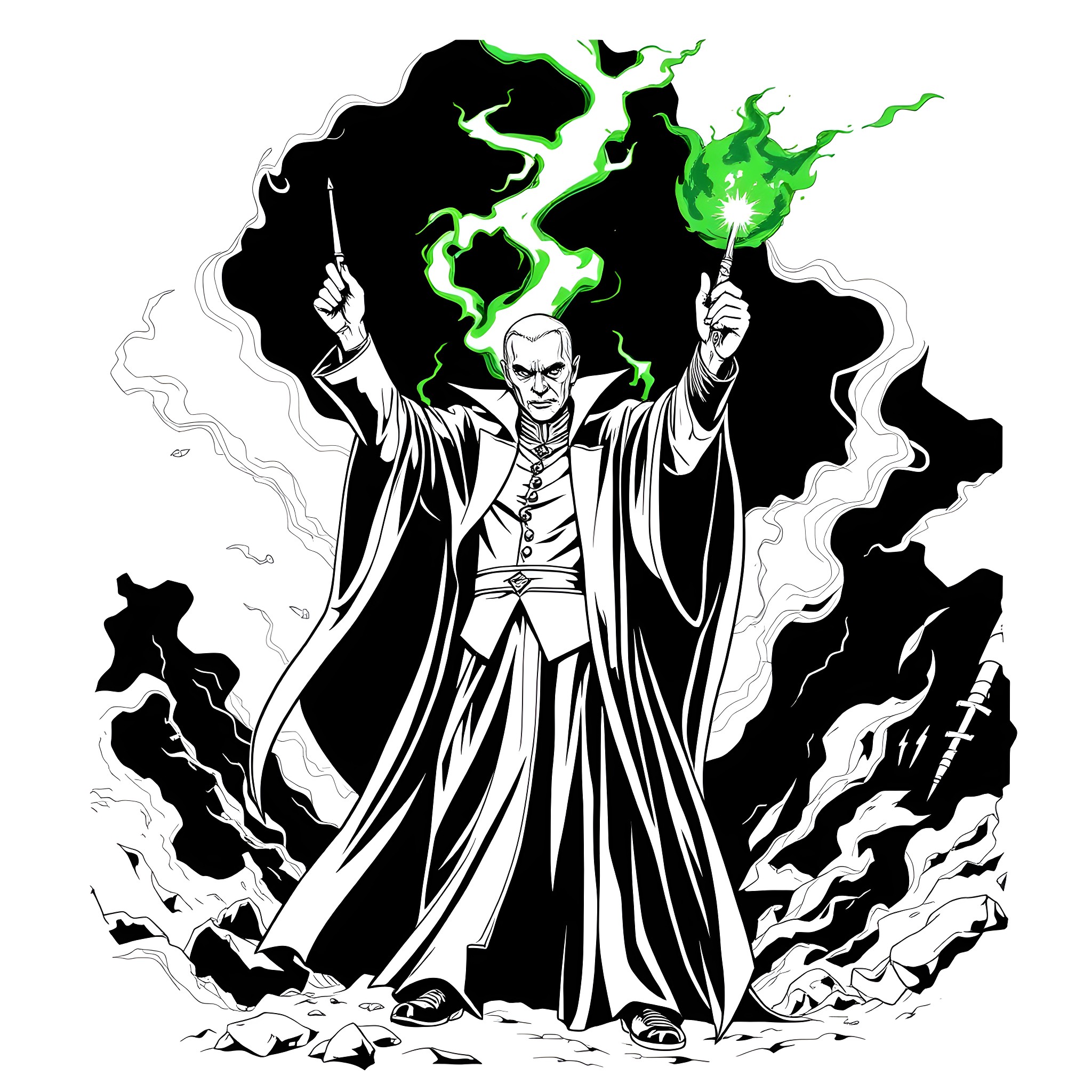 Voldemort's Fearsome Magical Display Coloring Page (free black-and-white line drawing printable PDF for all, from beginners to advanced learners, including children, teens, adults, and seniors)