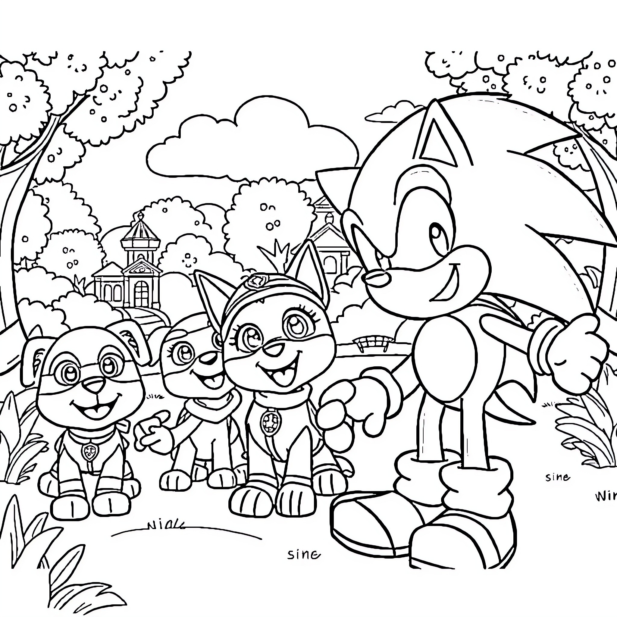 Sonic and Friends on a Playful Adventure Coloring Page (free black-and-white line drawing printable PDF for all, from beginners to advanced learners, including children, teens, adults, and seniors)