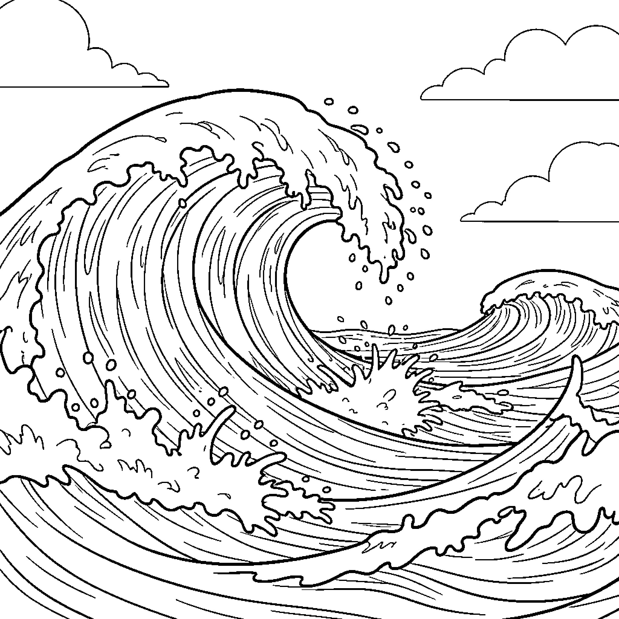 Tsunami waves crashing against the shore Coloring Page (free black-and-white line drawing printable PDF for all, from beginners to advanced learners, including children, teens, adults, and seniors)