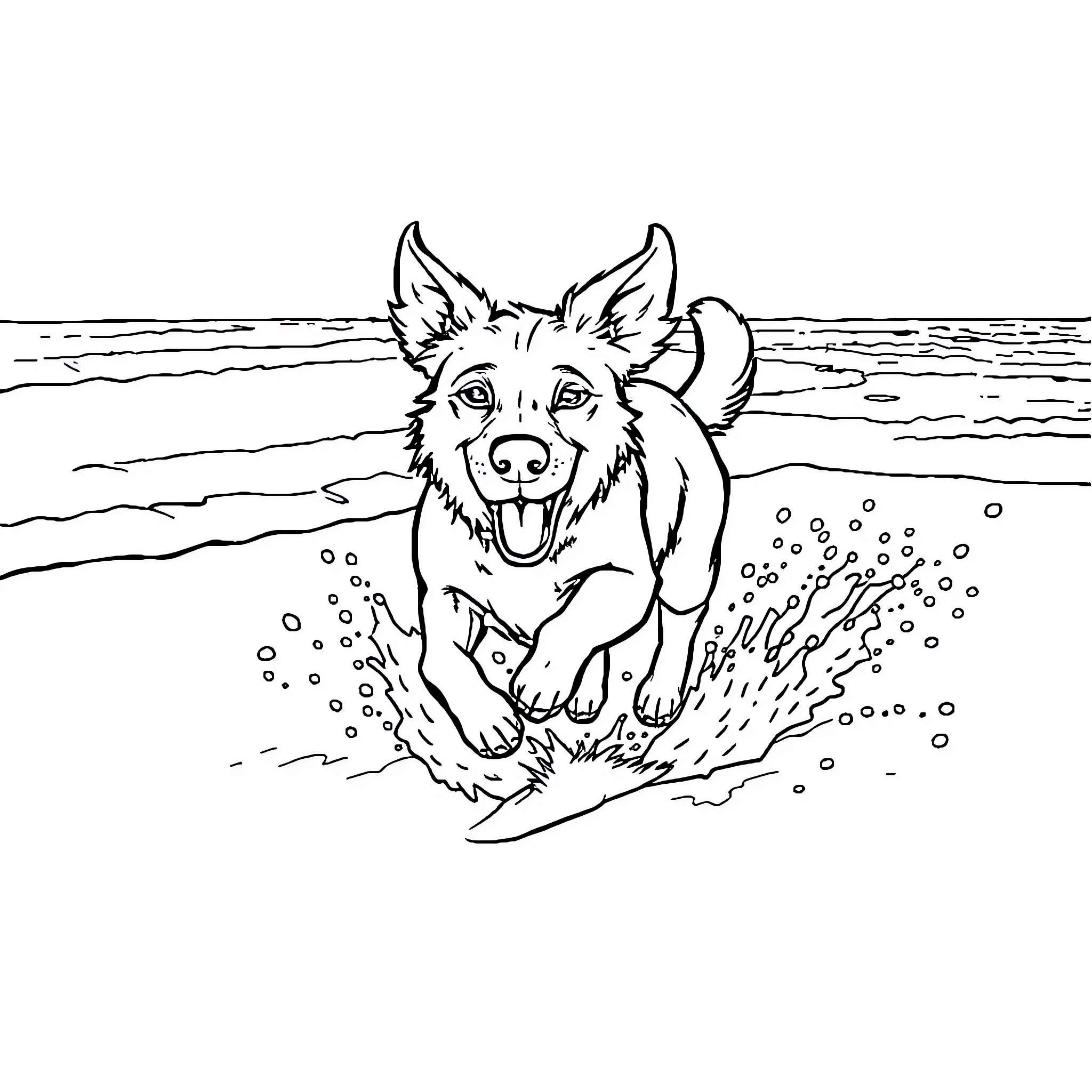 Dog playing happily in the water Coloring Page (free black-and-white line drawing printable PDF for all, from beginners to advanced learners, including children, teens, adults, and seniors)