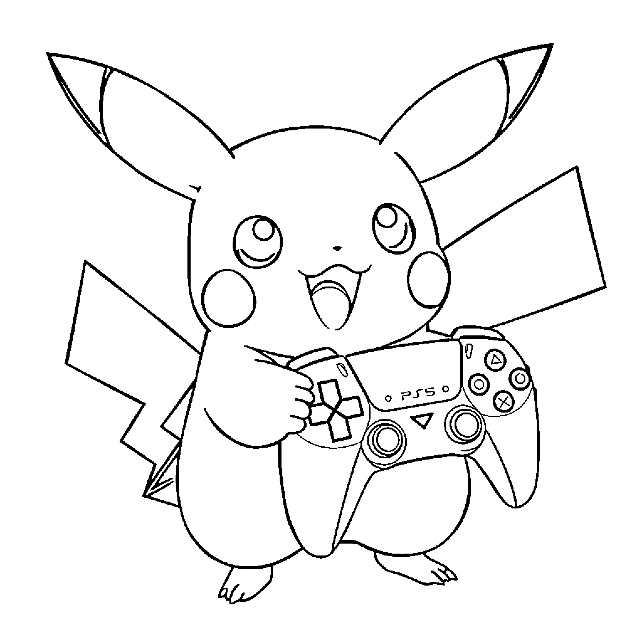 Pikachu playing with video game controller Coloring Page (free black-and-white line drawing printable PDF for all, from beginners to advanced learners, including children, teens, adults, and seniors)
