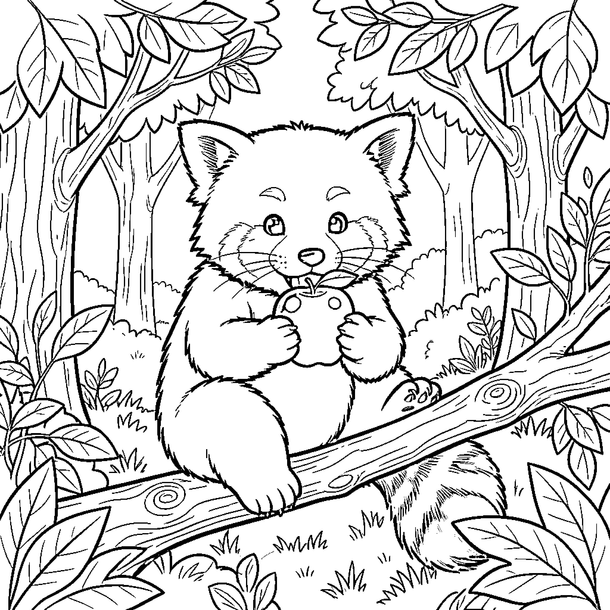 Red Panda Exploring the Enchanting Forest Coloring Page (free black-and-white line drawing printable PDF for all, from beginners to advanced learners, including children, teens, adults, and seniors)