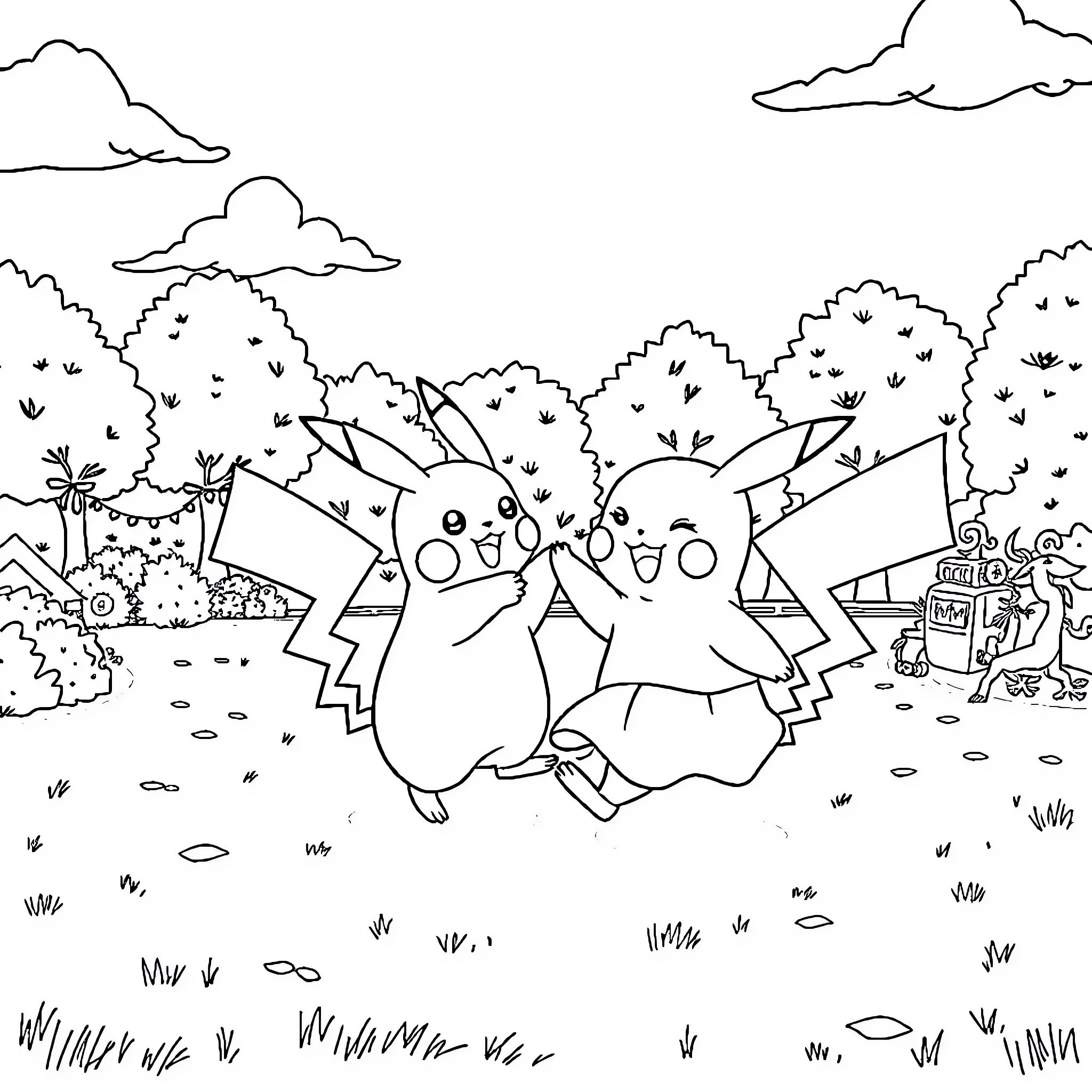 Pikachu enjoying a friendly gathering in the wilderness Coloring Page (free black-and-white line drawing printable PDF for all, from beginners to advanced learners, including children, teens, adults, and seniors)