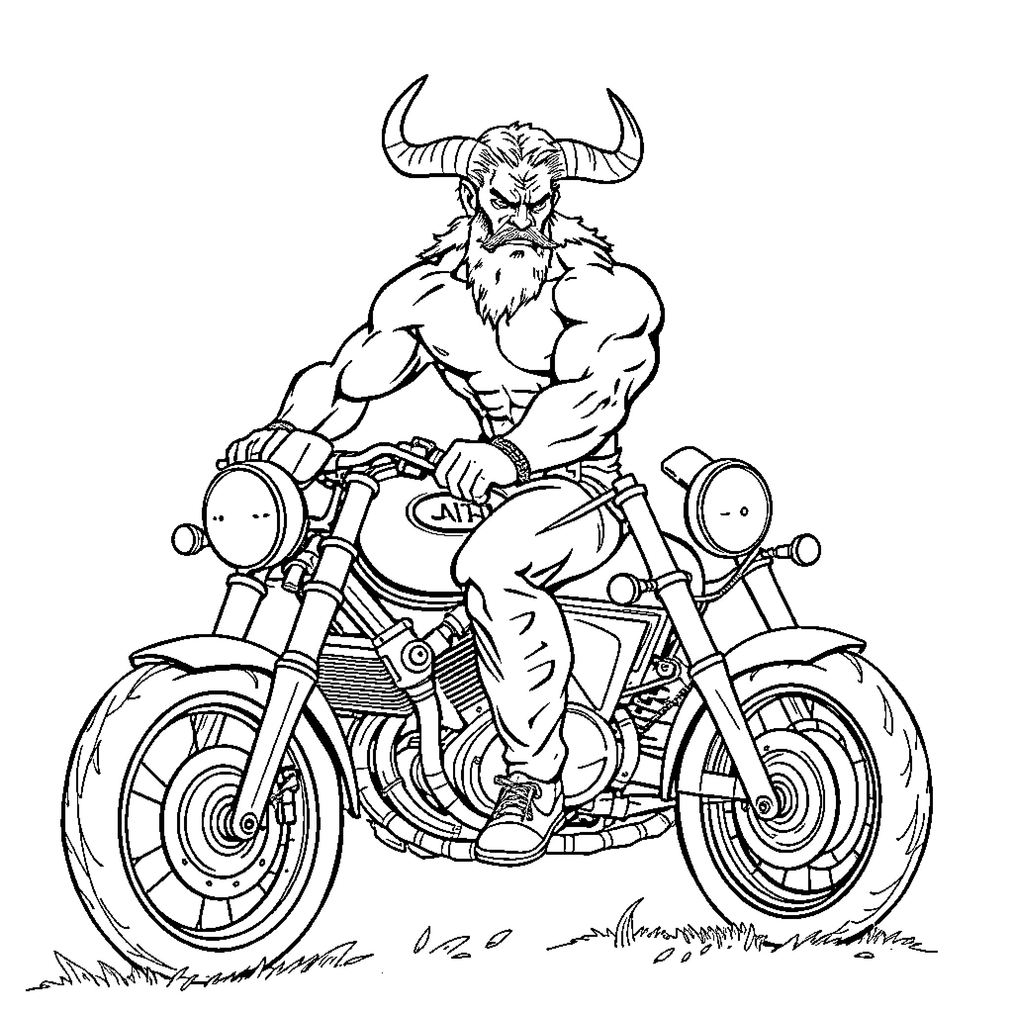 Motorcycle ridden by fierce looking muscular warrior Coloring Page (free black-and-white line drawing printable PDF for all, from beginners to advanced learners, including children, teens, adults, and seniors)