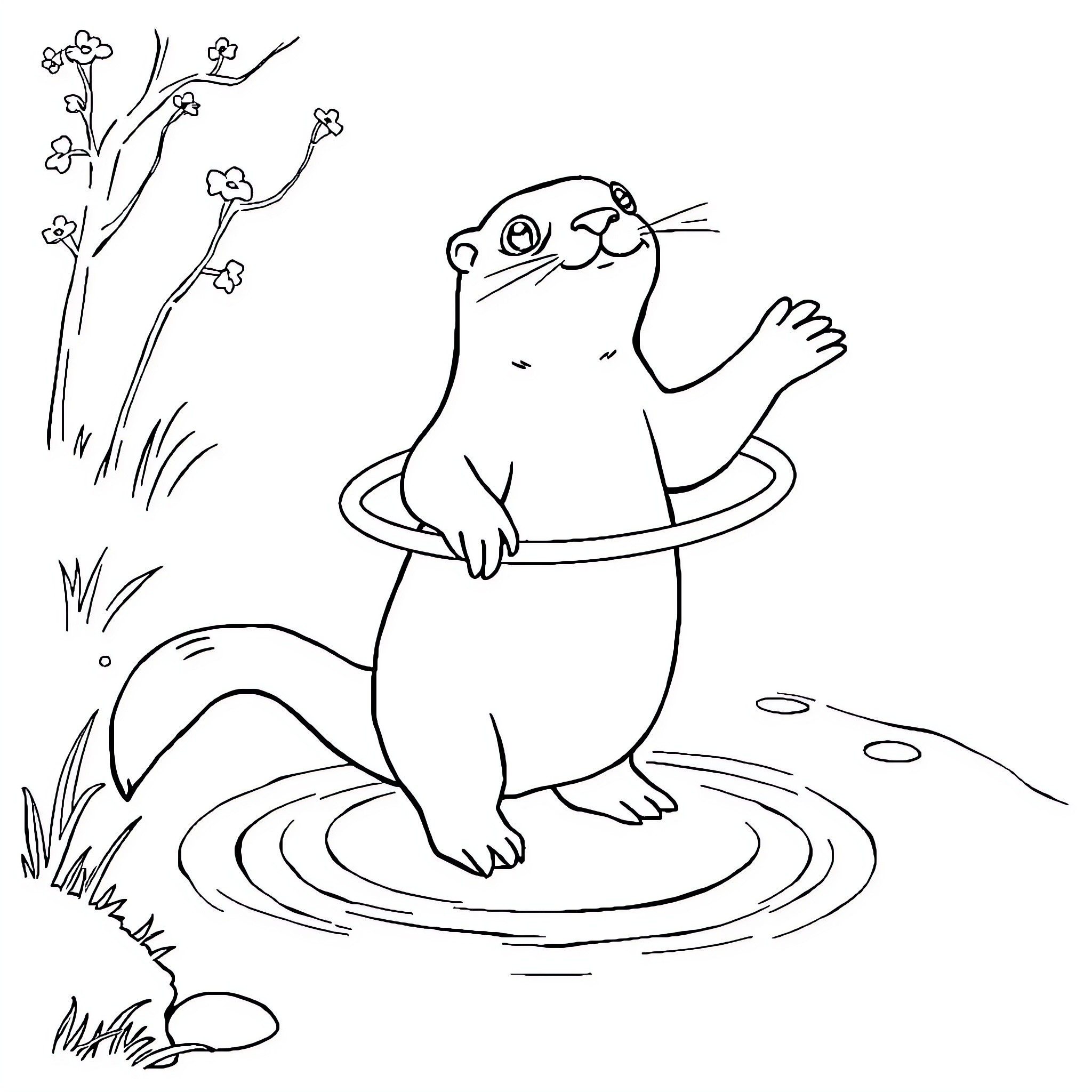 Otter playing joyfully in water with blooming flowers Coloring Page (free black-and-white line drawing printable PDF for all, from beginners to advanced learners, including children, teens, adults, and seniors)