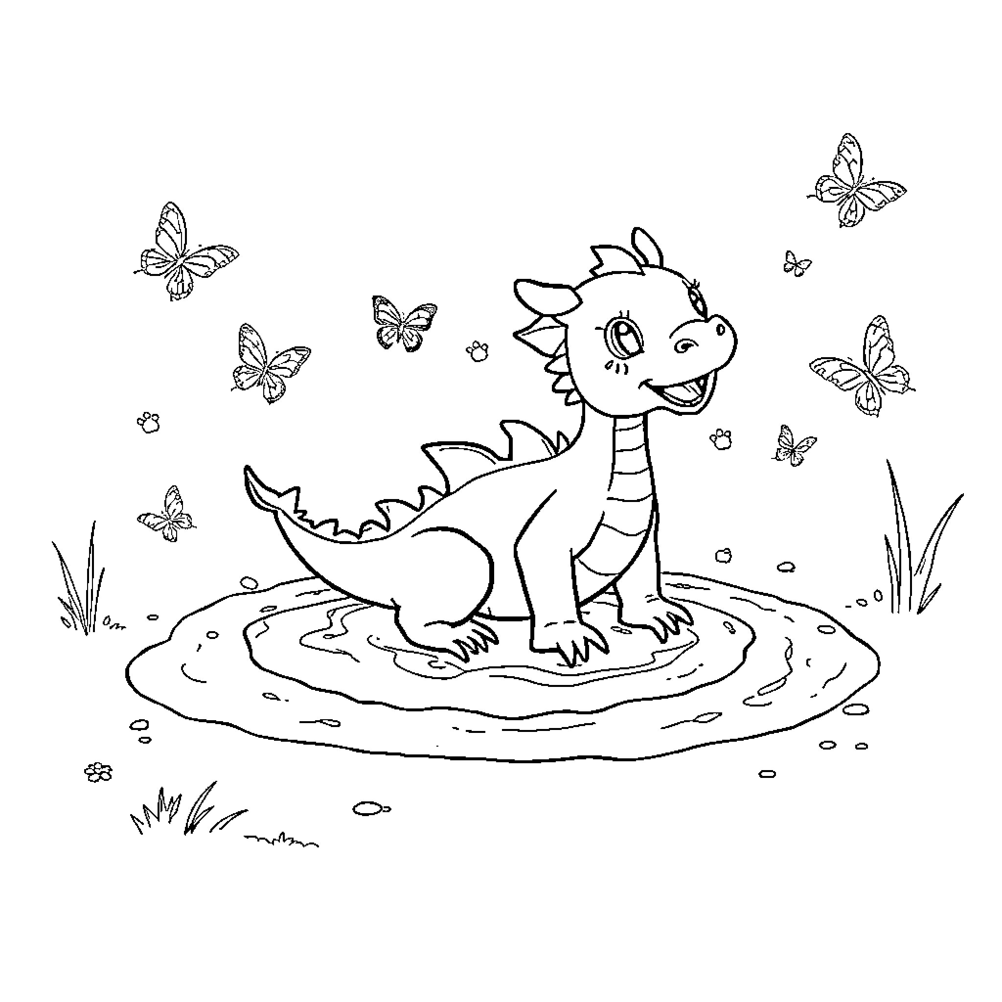 Dragon hatchling exploring in nature Coloring Page (free black-and-white line drawing printable PDF for all, from beginners to advanced learners, including children, teens, adults, and seniors)