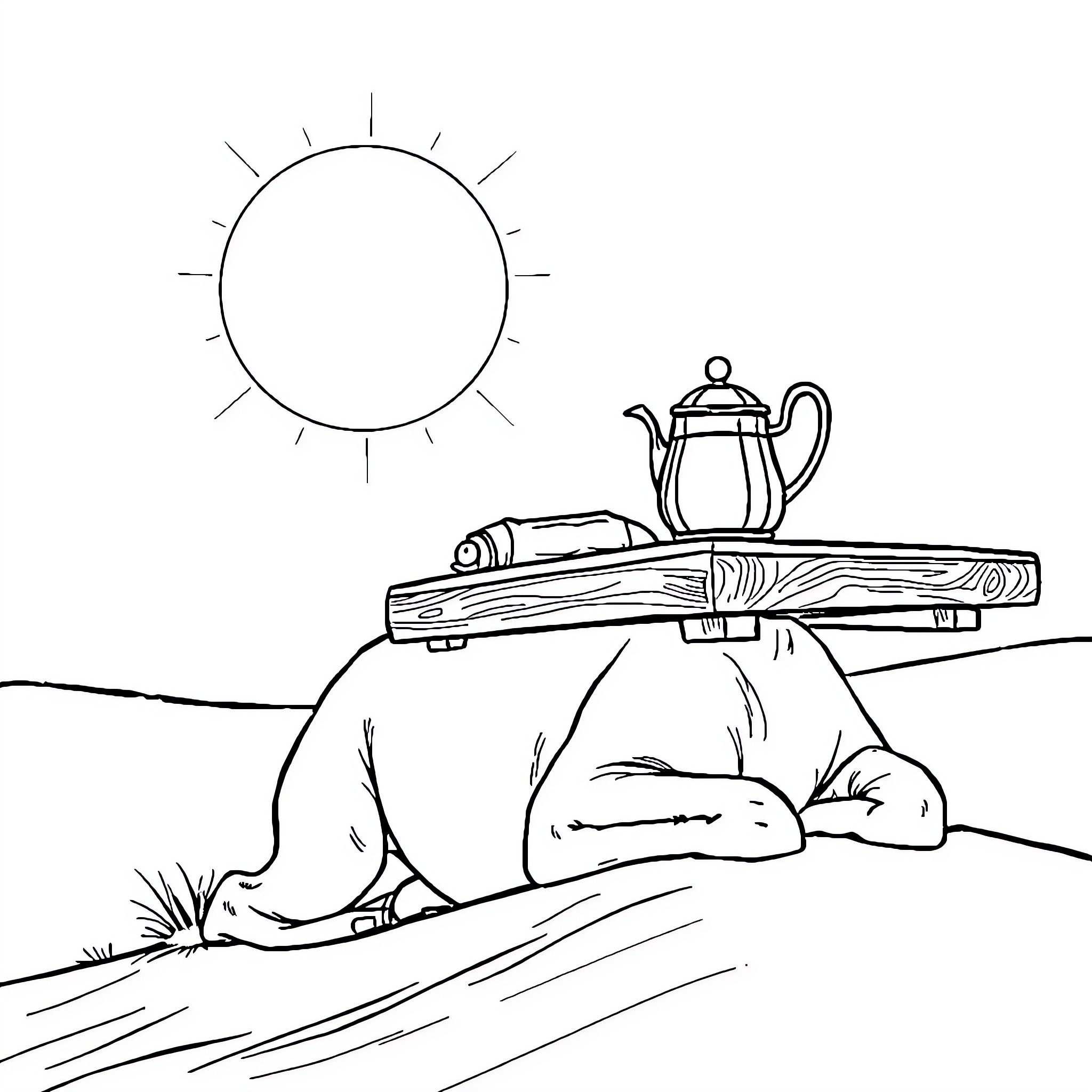 Dromadaire resting in the desert under the sun Coloring Page (free black-and-white line drawing printable PDF for all, from beginners to advanced learners, including children, teens, adults, and seniors)