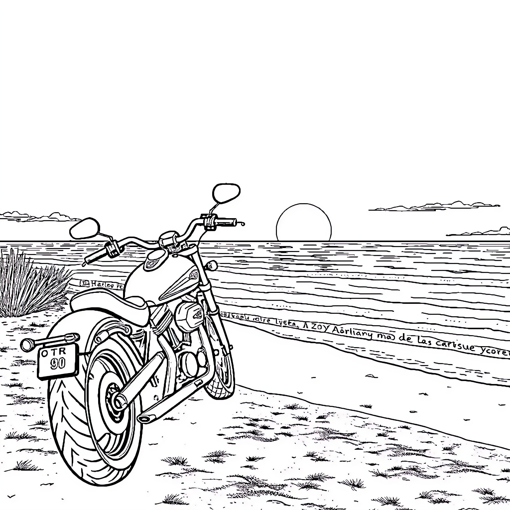 Harley motorcycle riding along the beach at sunset Coloring Page (free black-and-white line drawing printable PDF for all, from beginners to advanced learners, including children, teens, adults, and seniors)