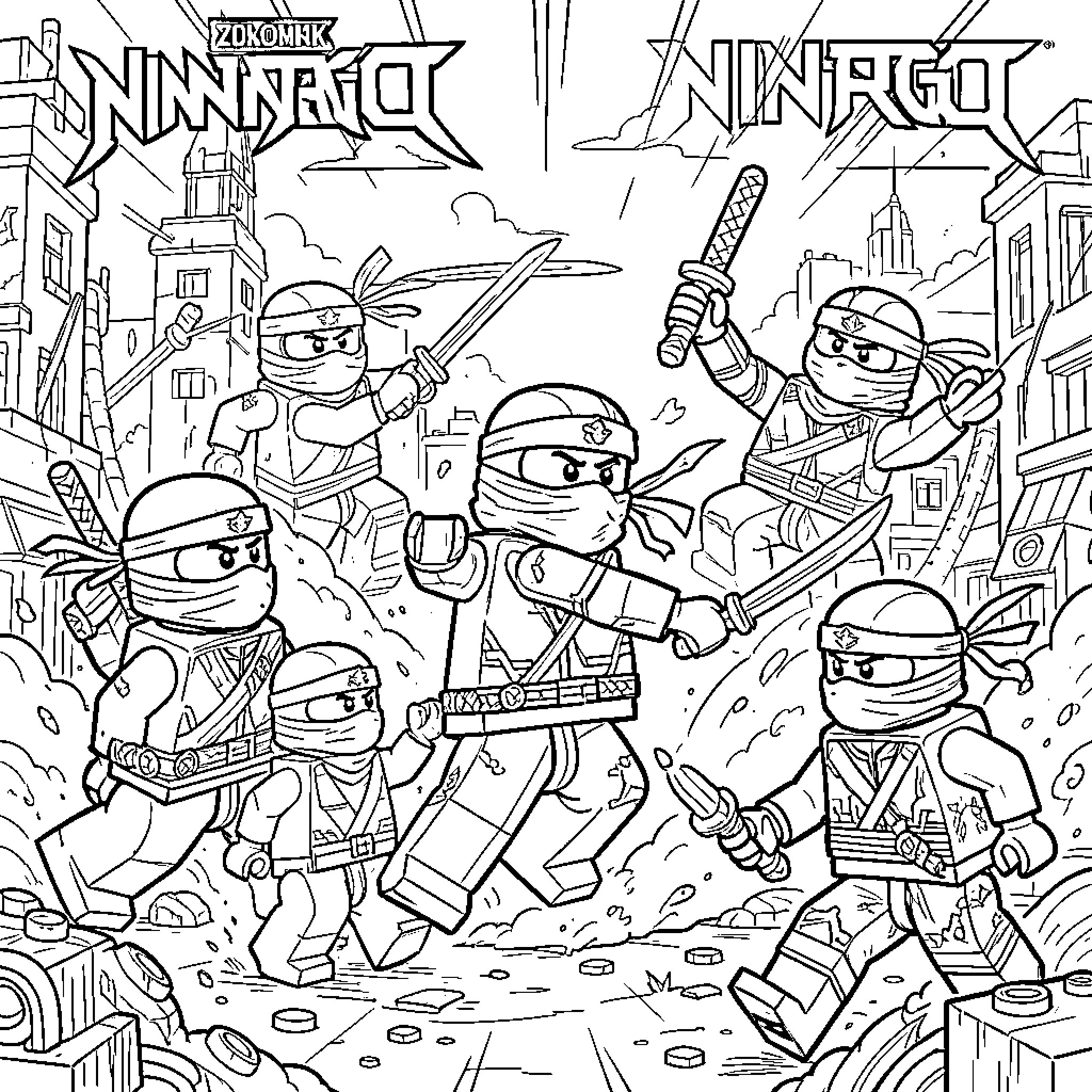 Ninjago characters engaging in a dynamic battle scene Coloring Page (free black-and-white line drawing printable PDF for all, from beginners to advanced learners, including children, teens, adults, and seniors)
