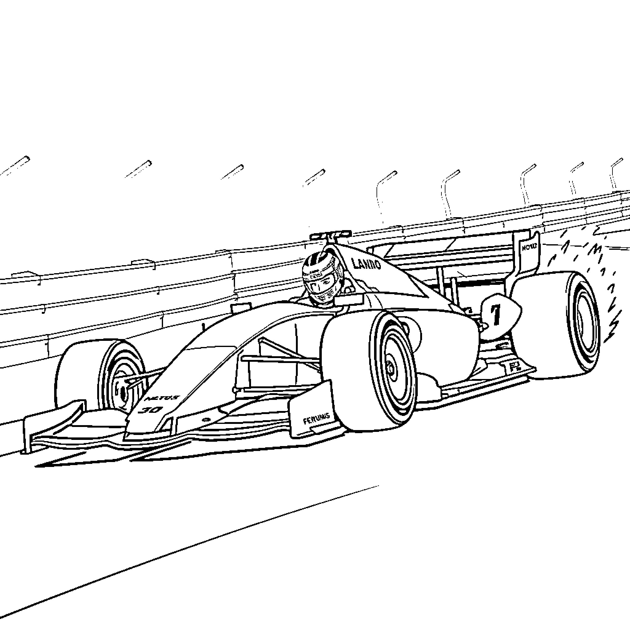 Formula 1 race car speeding on the track Coloring Page (free black-and-white line drawing printable PDF for all, from beginners to advanced learners, including children, teens, adults, and seniors)