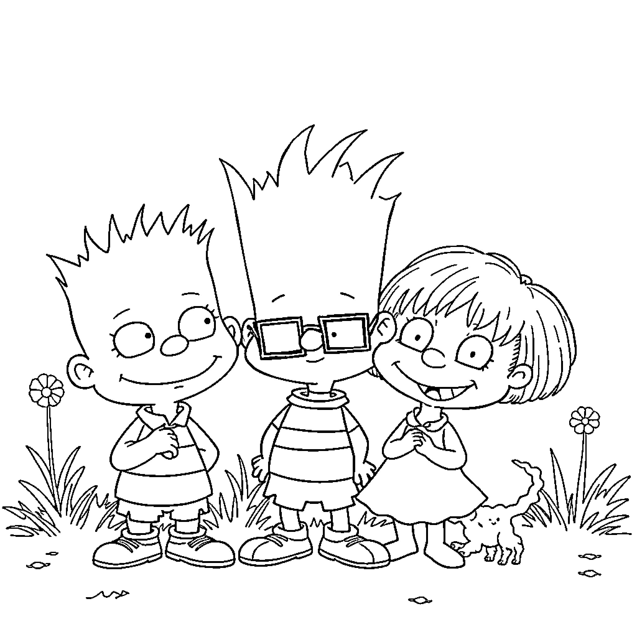 Rugrats having fun in the outdoors Coloring Page (free black-and-white line drawing printable PDF for all, from beginners to advanced learners, including children, teens, adults, and seniors)