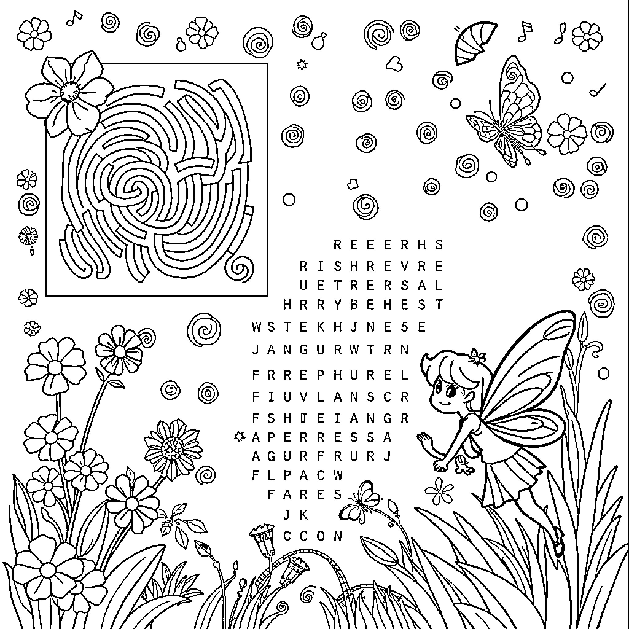Fairy playing in a magical garden with flowers and butterflies Coloring Page (free black-and-white line drawing printable PDF for all, from beginners to advanced learners, including children, teens, adults, and seniors)