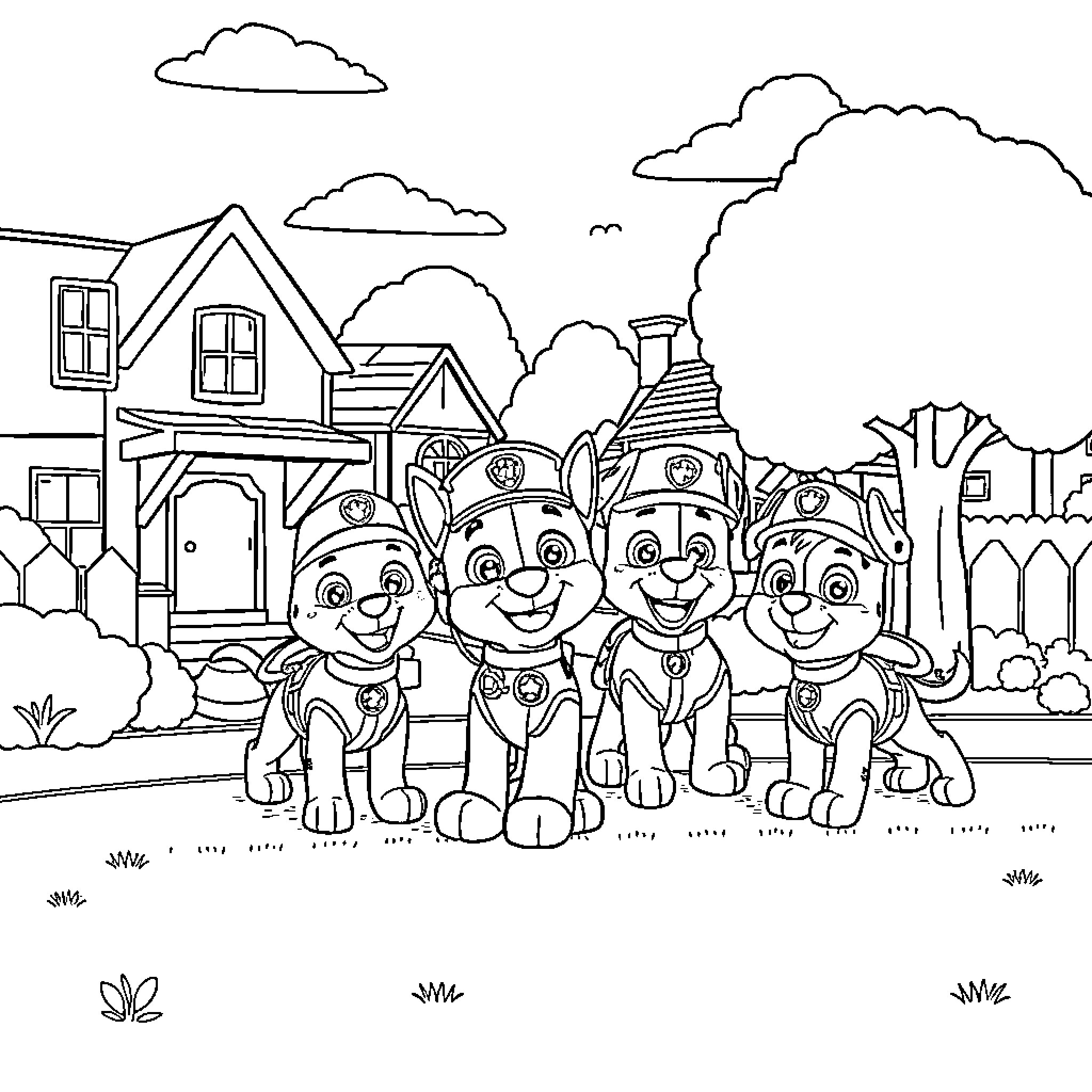 Paw Patrol puppies exploring their neighborhood Coloring Page (free black-and-white line drawing printable PDF for all, from beginners to advanced learners, including children, teens, adults, and seniors)