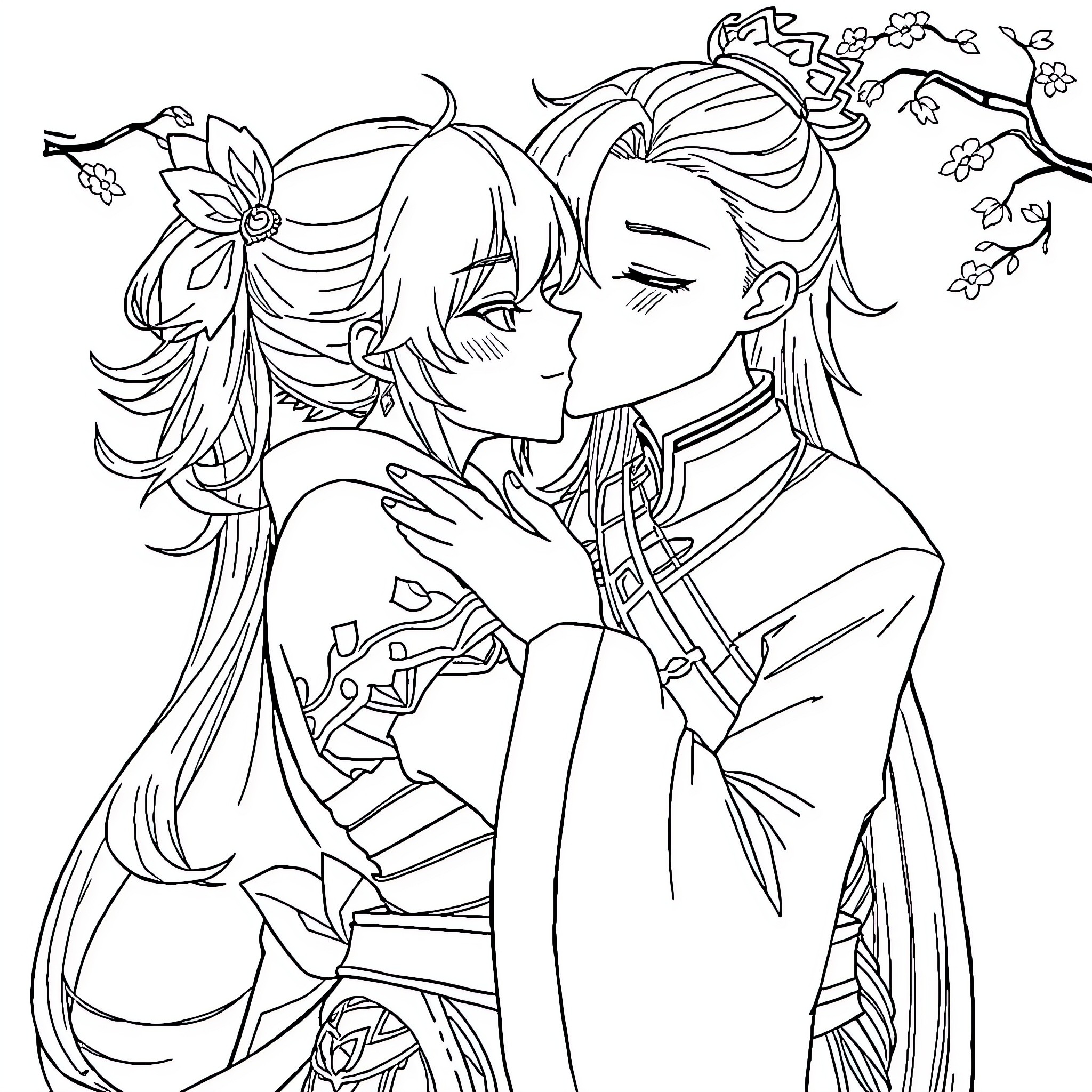 Baizhu's Intimate Moment with a Beloved Coloring Page (free black-and-white line drawing printable PDF for all, from beginners to advanced learners, including children, teens, adults, and seniors)