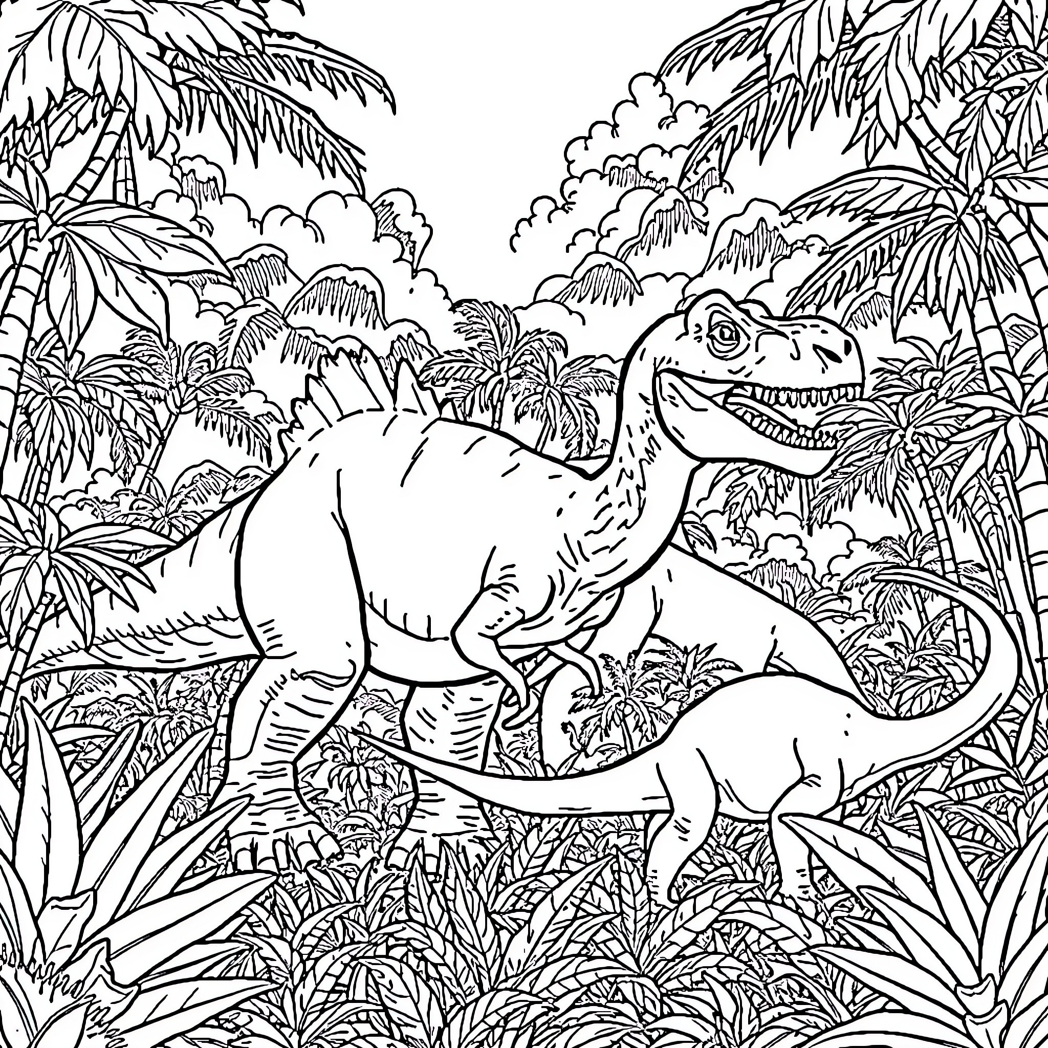 Dinosaurs exploring lush tropical landscape Coloring Page (free black-and-white line drawing printable PDF for all, from beginners to advanced learners, including children, teens, adults, and seniors)