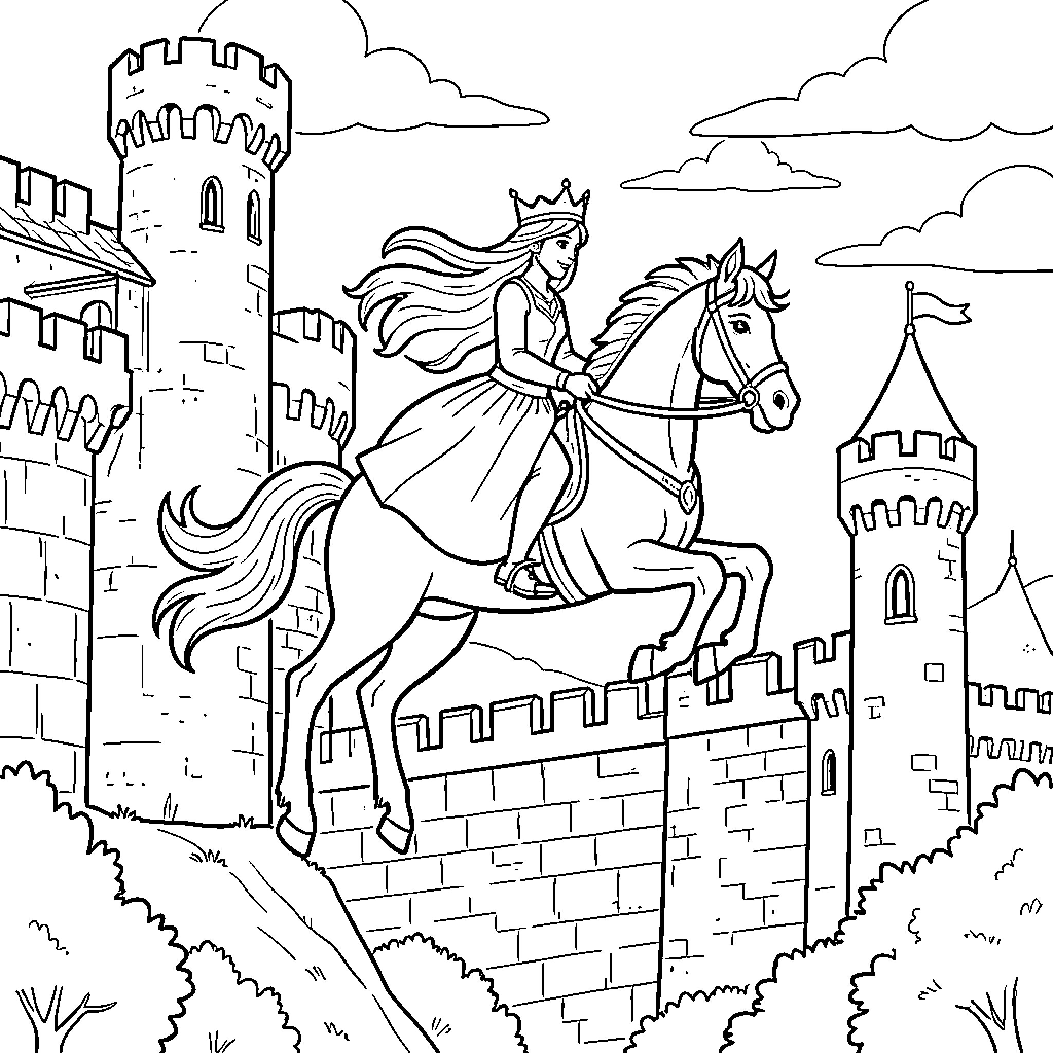 Princess riding a horse in front of a castle Coloring Page (free black-and-white line drawing printable PDF for all, from beginners to advanced learners, including children, teens, adults, and seniors)
