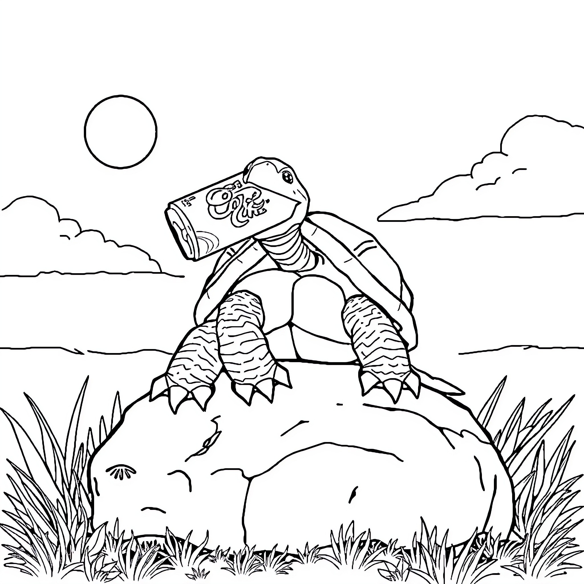 Turtle reading a book in the meadow Coloring Page (free black-and-white line drawing printable PDF for all, from beginners to advanced learners, including children, teens, adults, and seniors)