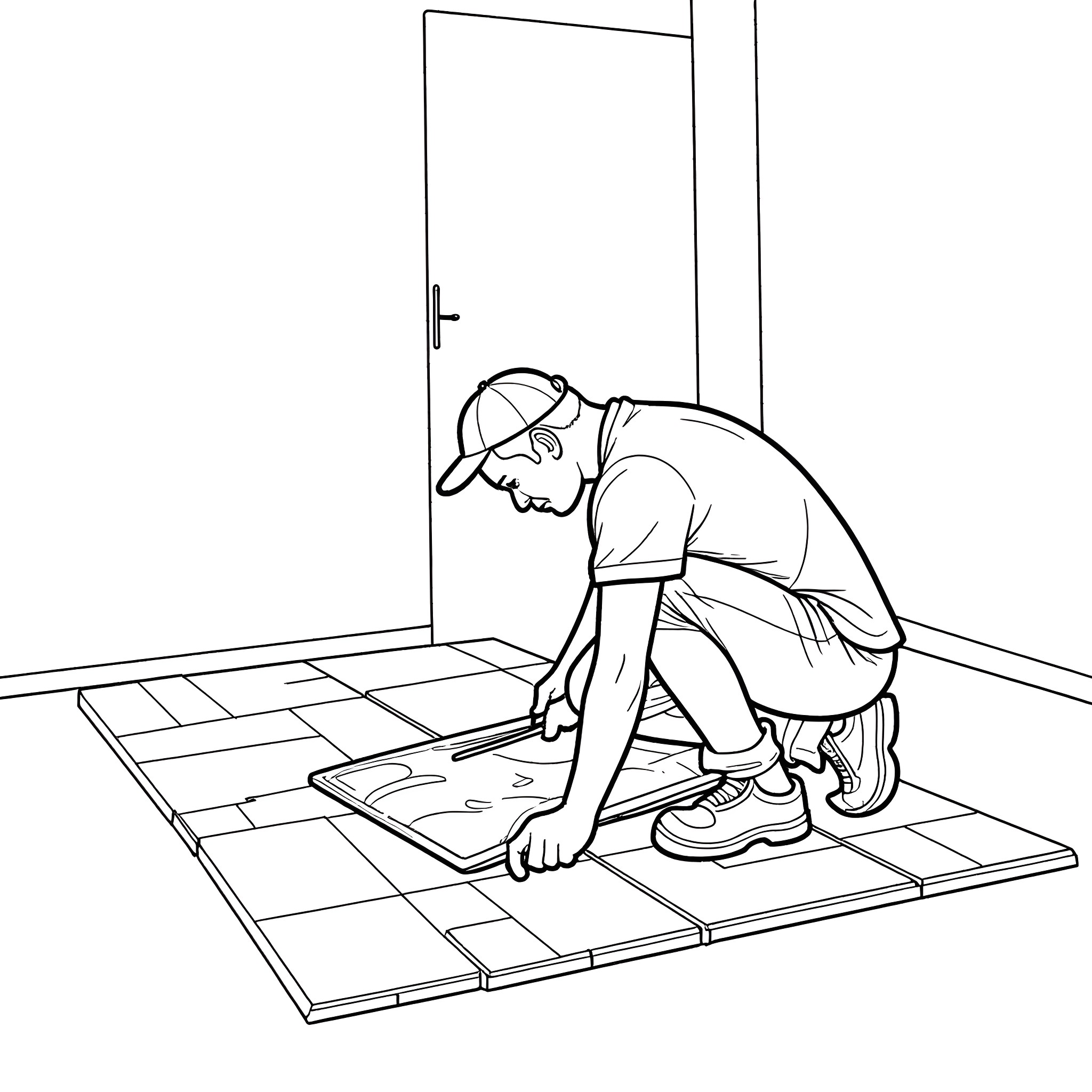 Mexican Man Installing Tiles on Floor Coloring Page (free black-and-white line drawing printable PDF for all, from beginners to advanced learners, including children, teens, adults, and seniors)