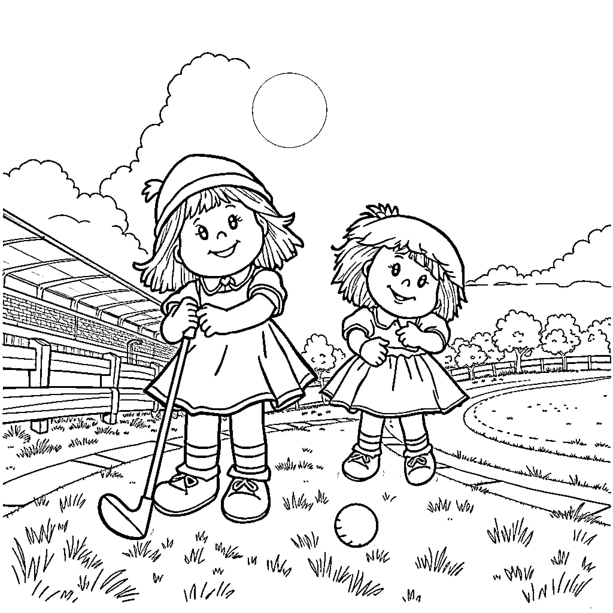 Raggedy Ann and friends enjoy a sunny day outdoors Coloring Page (free black-and-white line drawing printable PDF for all, from beginners to advanced learners, including children, teens, adults, and seniors)