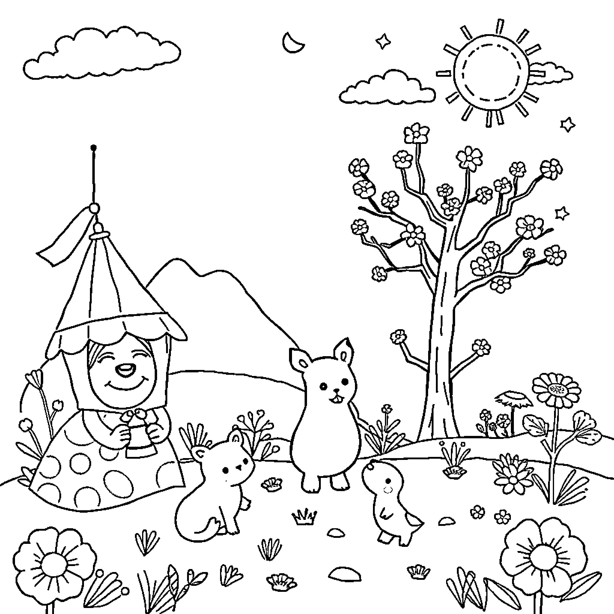 Cartoon Characters Playing in Nature Coloring Page (free black-and-white line drawing printable PDF for all, from beginners to advanced learners, including children, teens, adults, and seniors)