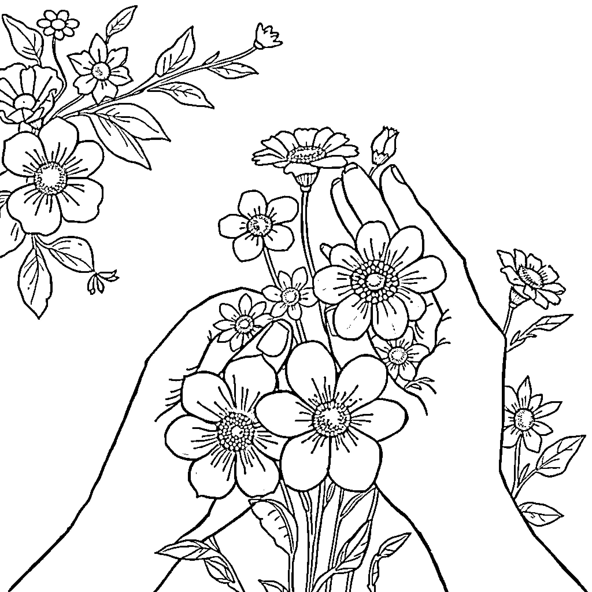 Hand reaching for bouquet of flowers Coloring Page (free black-and-white line drawing printable PDF for all, from beginners to advanced learners, including children, teens, adults, and seniors)