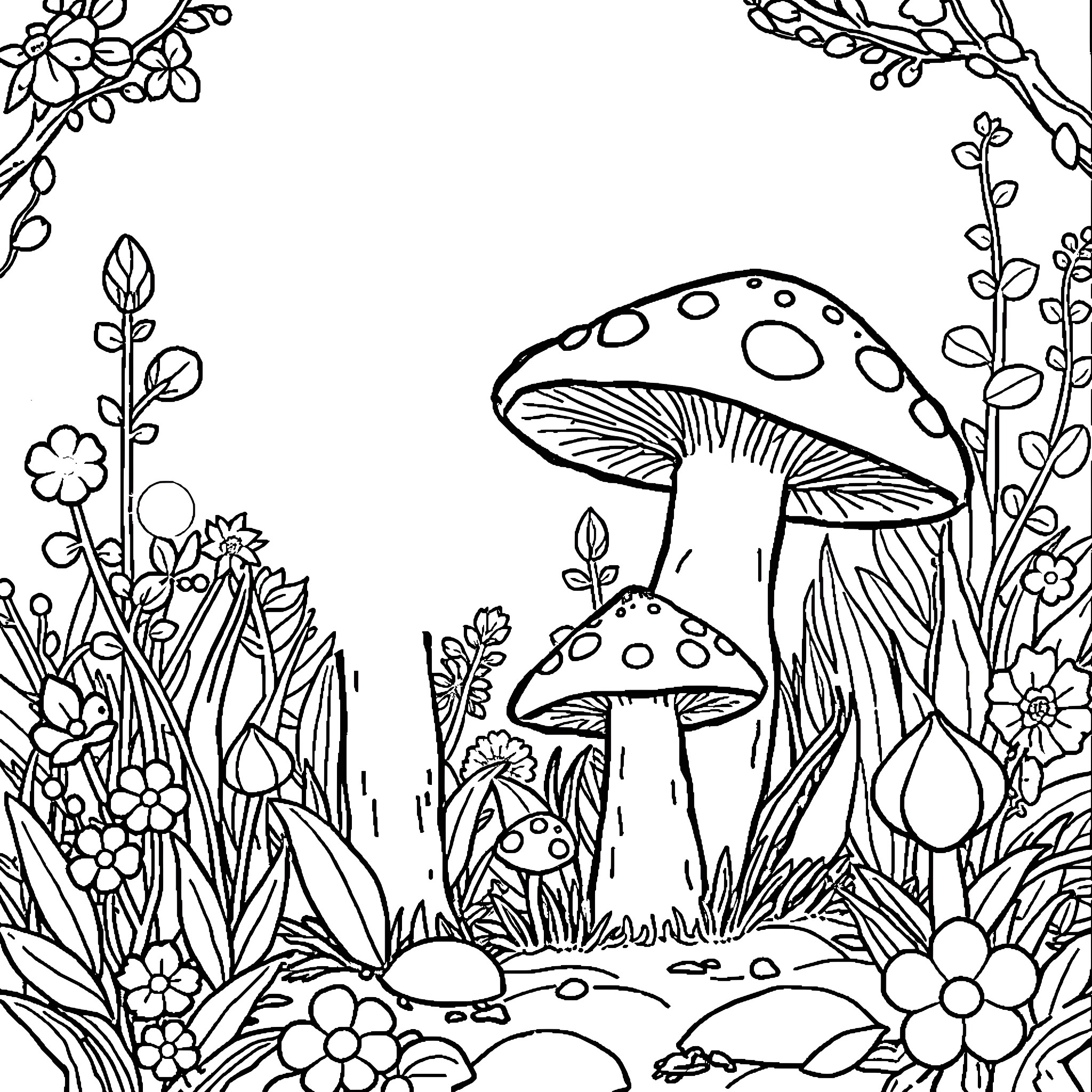 Mushroom forest scene with whimsical flora Coloring Page (free black-and-white line drawing printable PDF for all, from beginners to advanced learners, including children, teens, adults, and seniors)