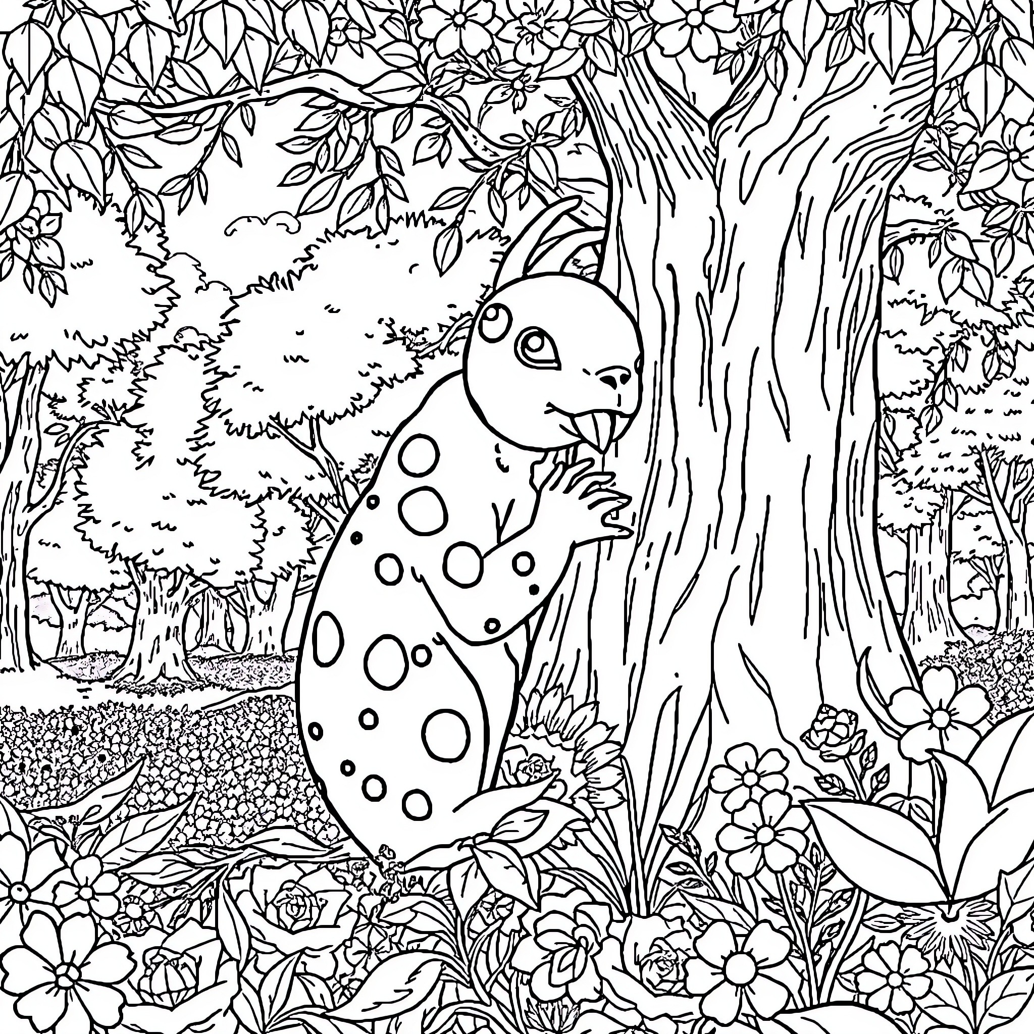 Dalmata Doodle in Floral Wonderland Coloring Page (free black-and-white line drawing printable PDF for all, from beginners to advanced learners, including children, teens, adults, and seniors)