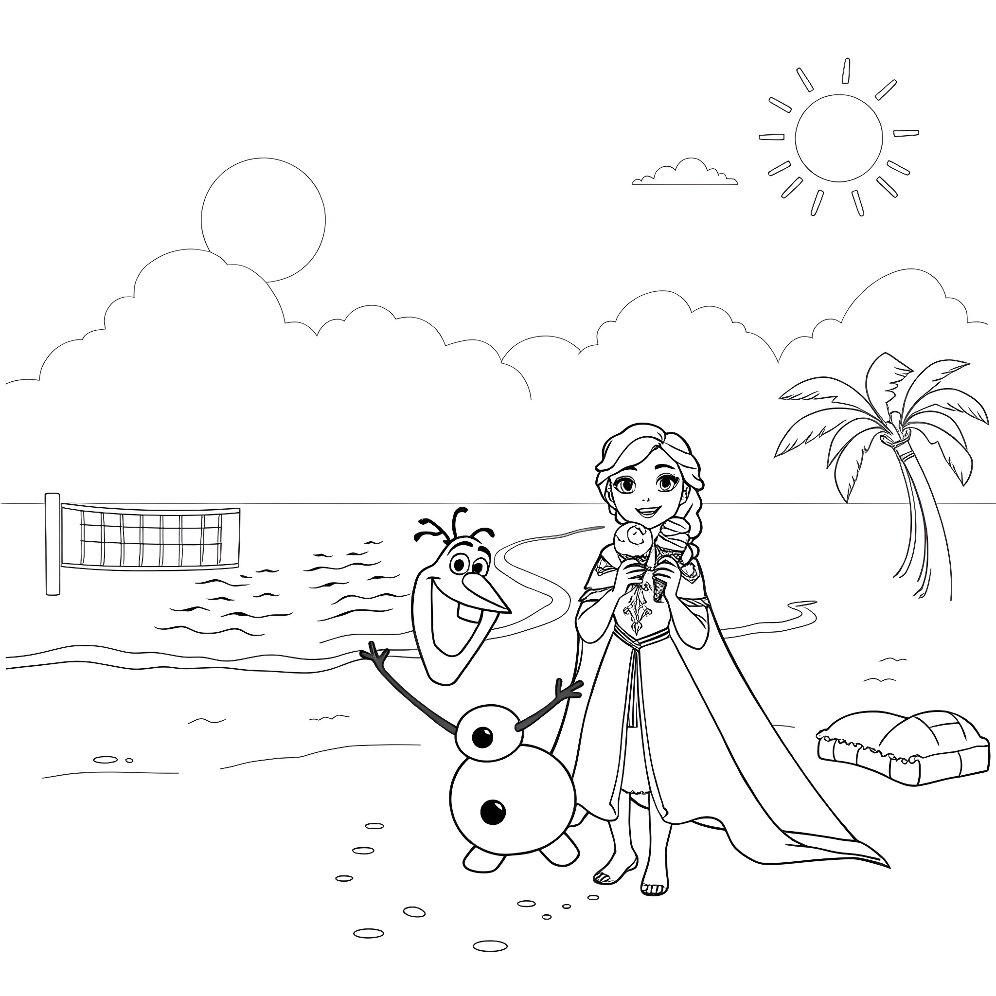 Anna and Elsa playing on the beach with Olaf Coloring Page (free black-and-white line drawing printable PDF for all, from beginners to advanced learners, including children, teens, adults, and seniors)