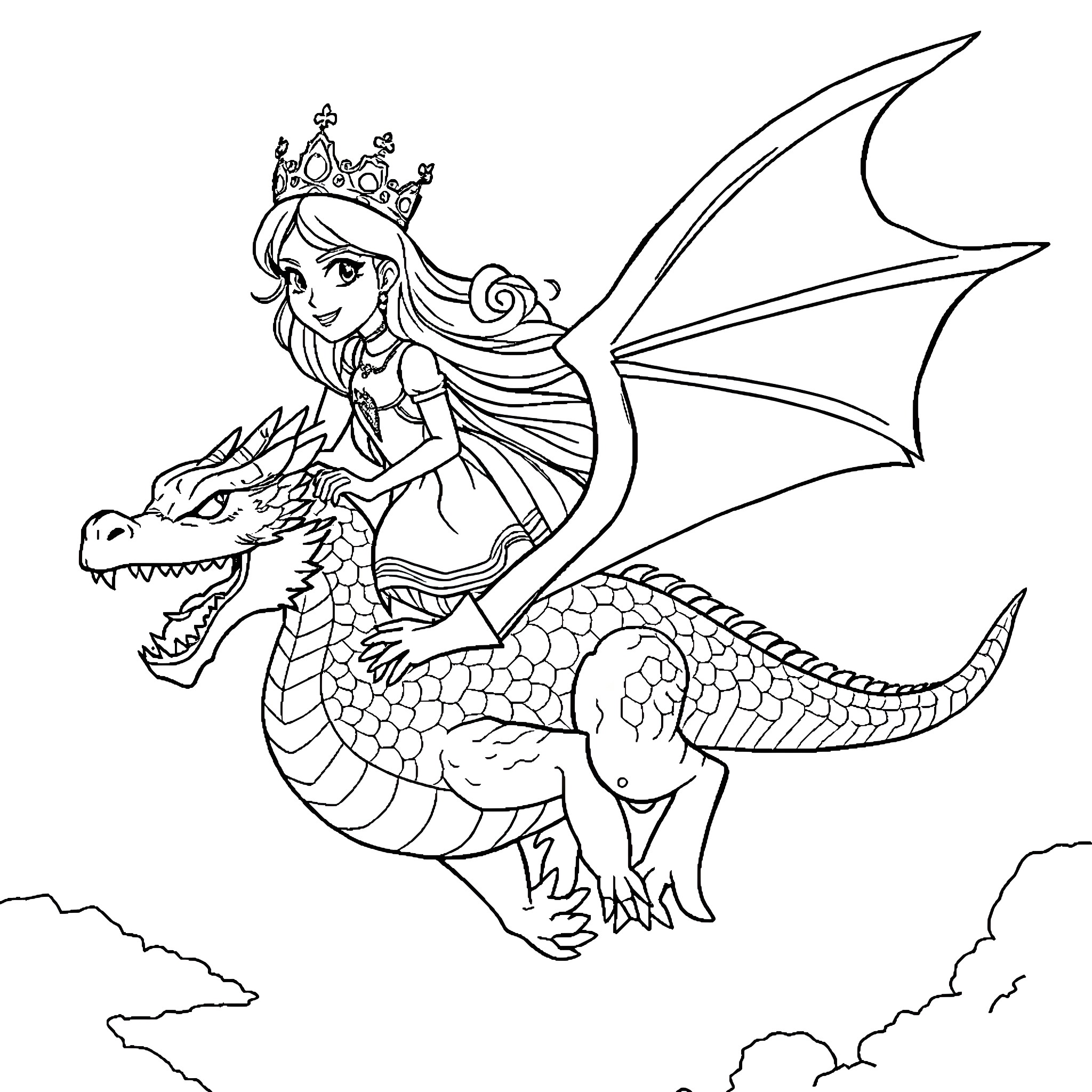 Princess riding a majestic dragon in the sky Coloring Page (free black-and-white line drawing printable PDF for all, from beginners to advanced learners, including children, teens, adults, and seniors)