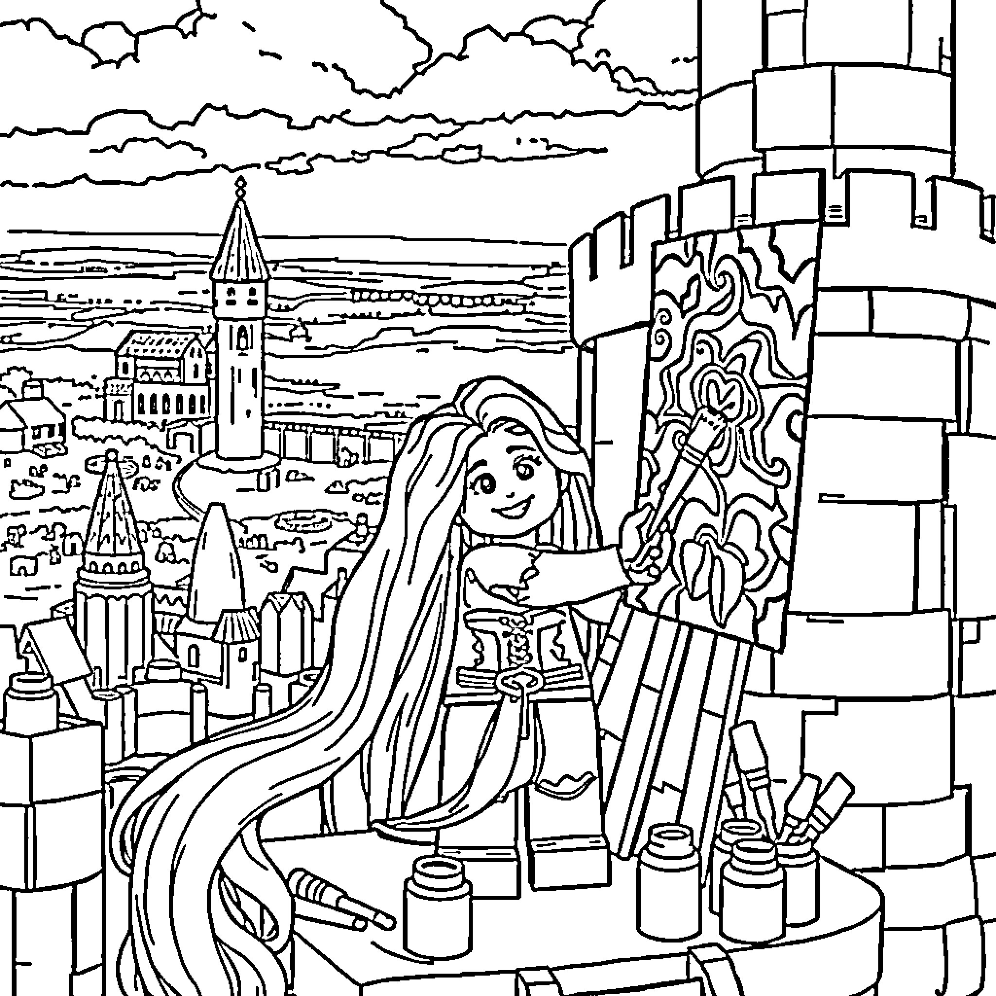 Rapunzel painting a magical castle landscape Coloring Page (free black-and-white line drawing printable PDF for all, from beginners to advanced learners, including children, teens, adults, and seniors)
