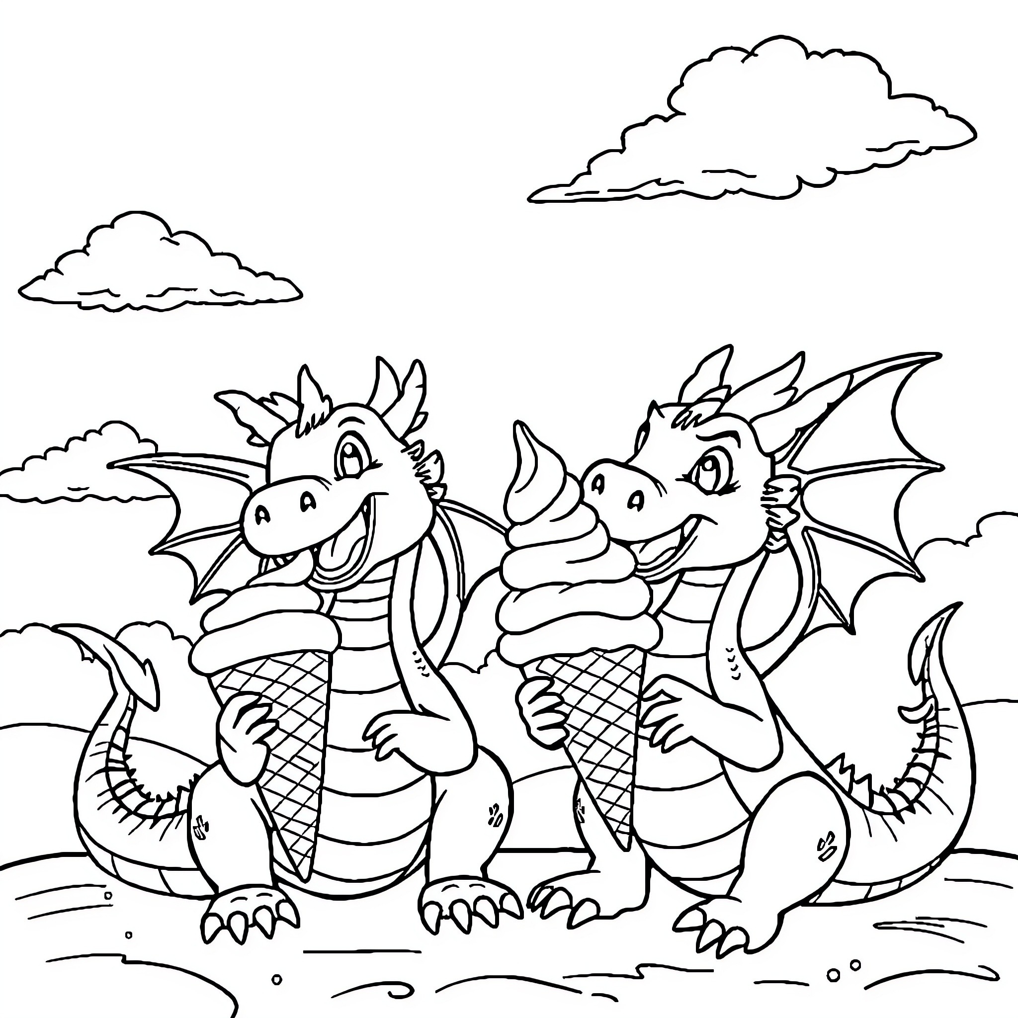 Dragon siblings playing in the field Coloring Page (free black-and-white line drawing printable PDF for all, from beginners to advanced learners, including children, teens, adults, and seniors)
